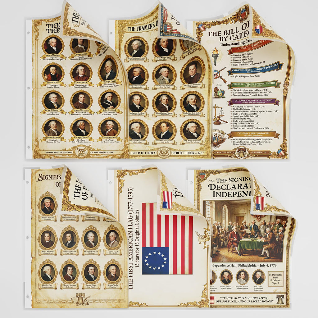 JELLY BEAN GENIUS US Founding Documents Binder Sheet Set (6 Pack) - Constitution, Bill of Rights, Declaration - Two-Sided