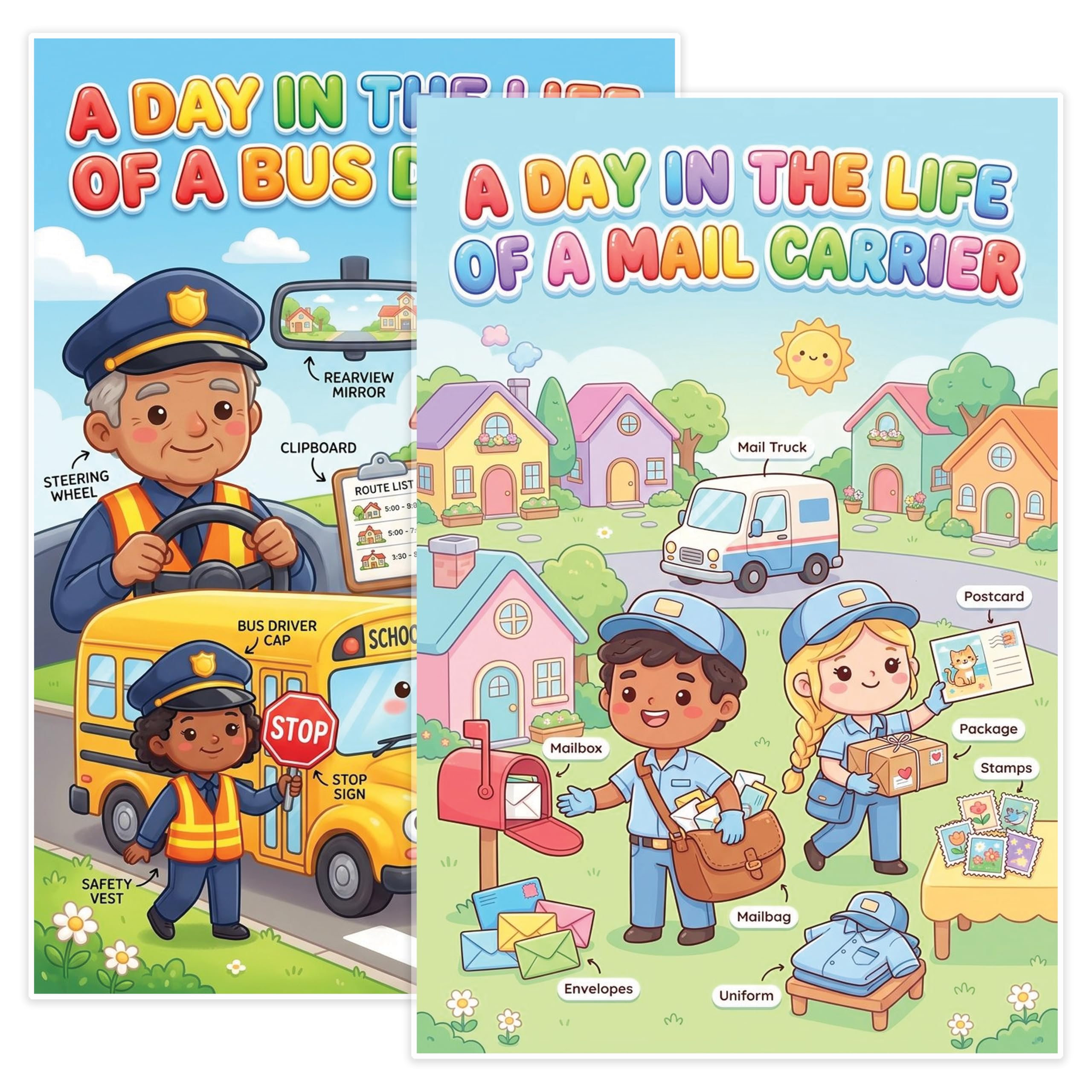 JELLY BEAN GENIUS Mail Carrier and Bus Driver Poster for Kids – Laminated Double-Sided Community Helpers Career Wall Art &