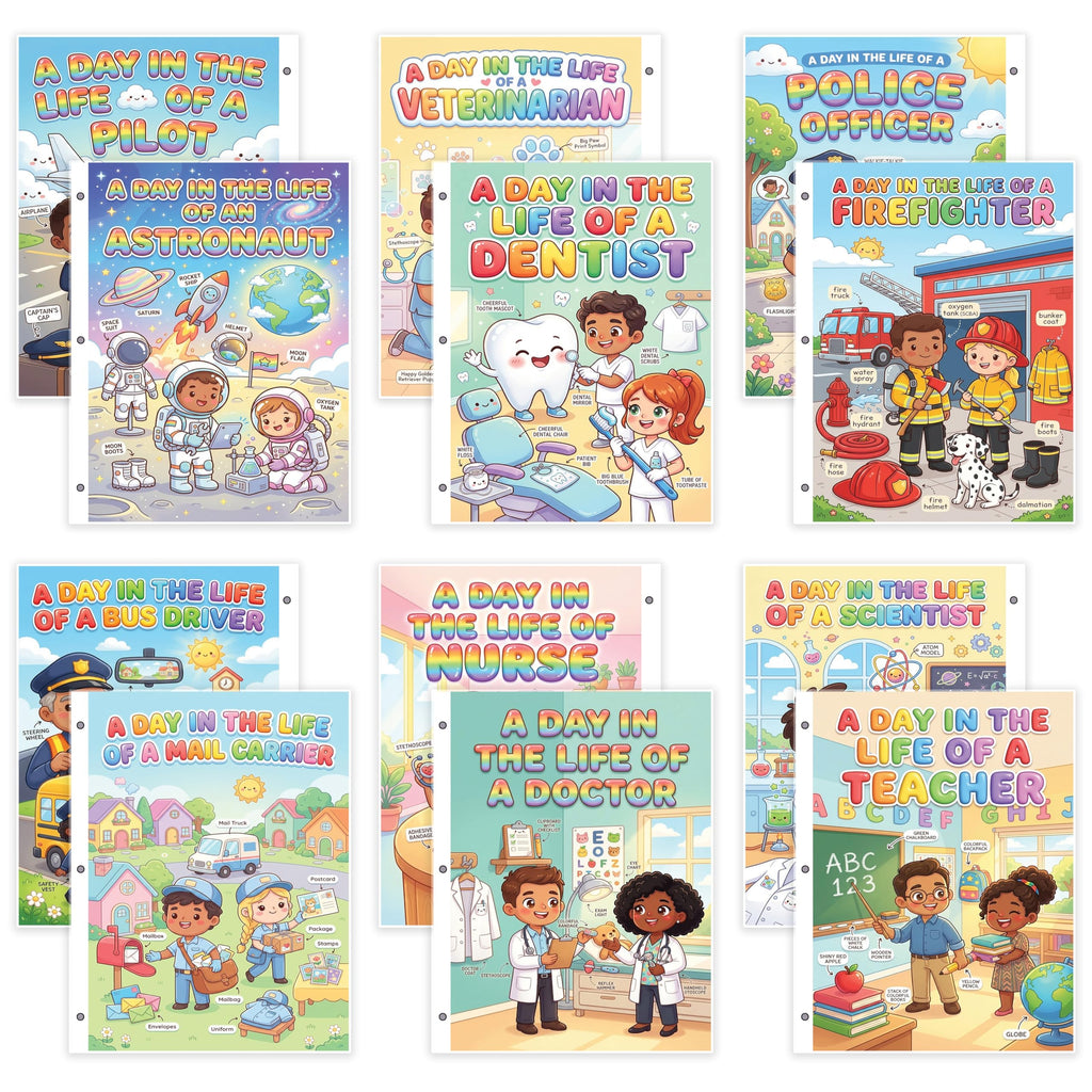 JELLY BEAN GENIUS Community Helpers Mini Posters Bundle for Kids – 6 Pack Laminated Double-Sided Career Charts |
