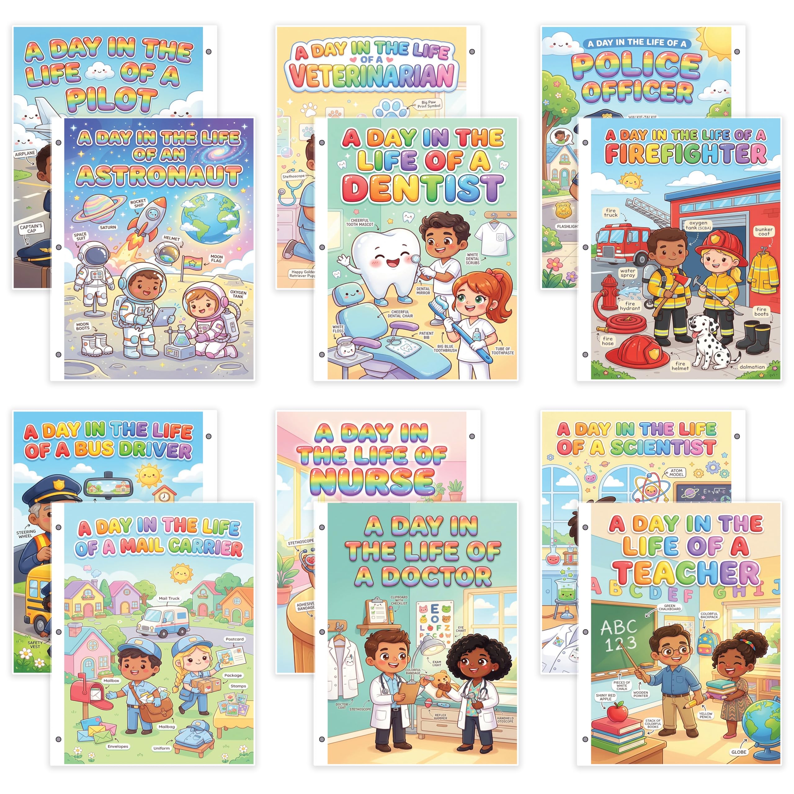 JELLY BEAN GENIUS Community Helpers Mini Posters Bundle for Kids – 6 Pack Laminated Double-Sided Career Charts |