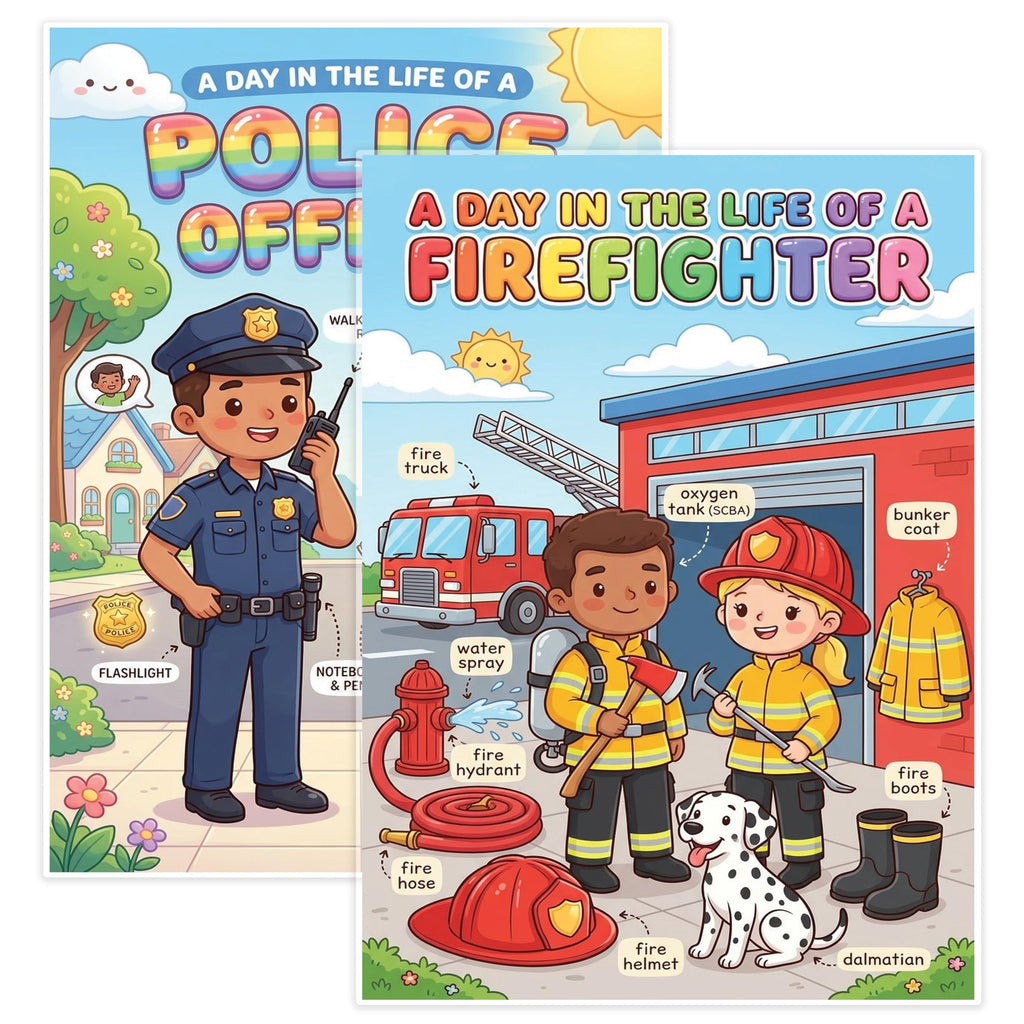 JELLY BEAN GENIUS Firefighter and Police Officer Mini Poster for Kids – Laminated Double-Sided Community Helpers Career