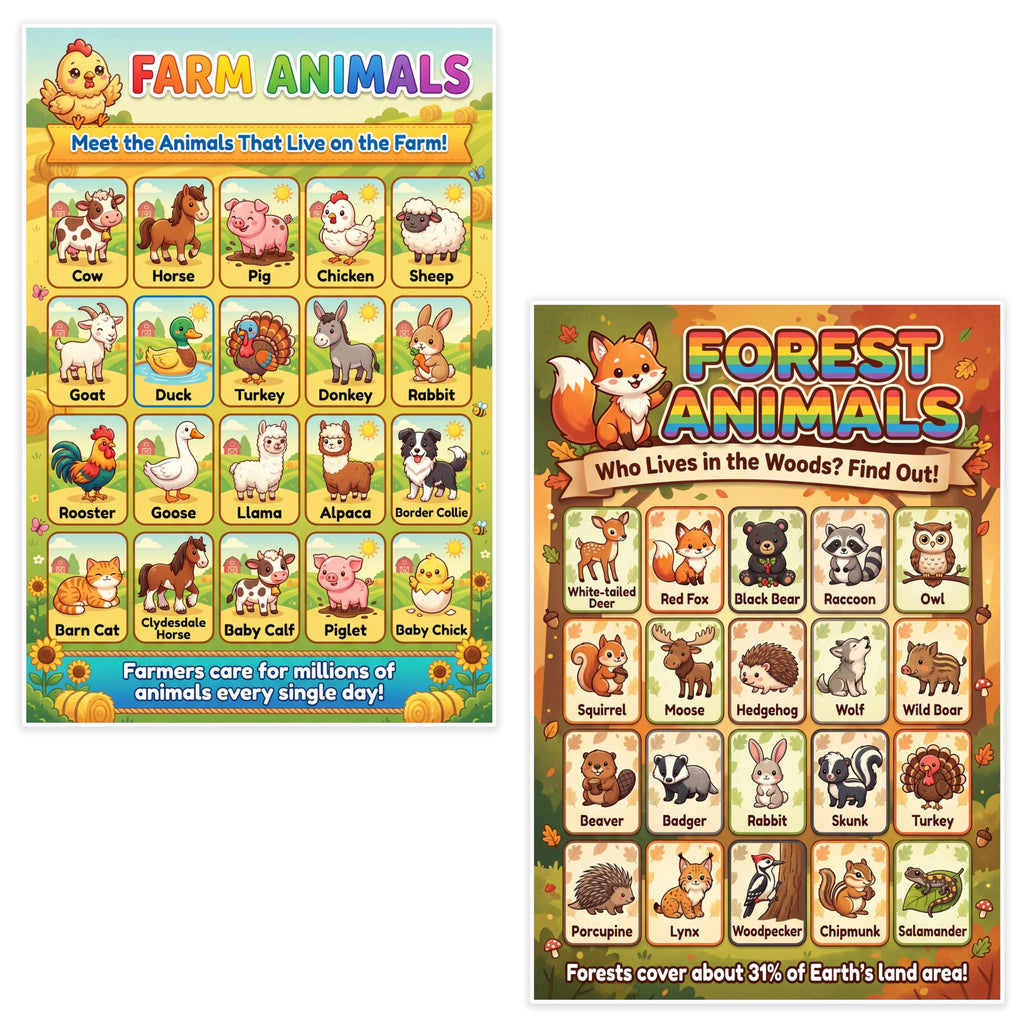 JELLY BEAN GENIUS Farm & Forest Animals Poster for Kids – Double Sided Laminated Educational Chart | 40 Woodland & Barnyard