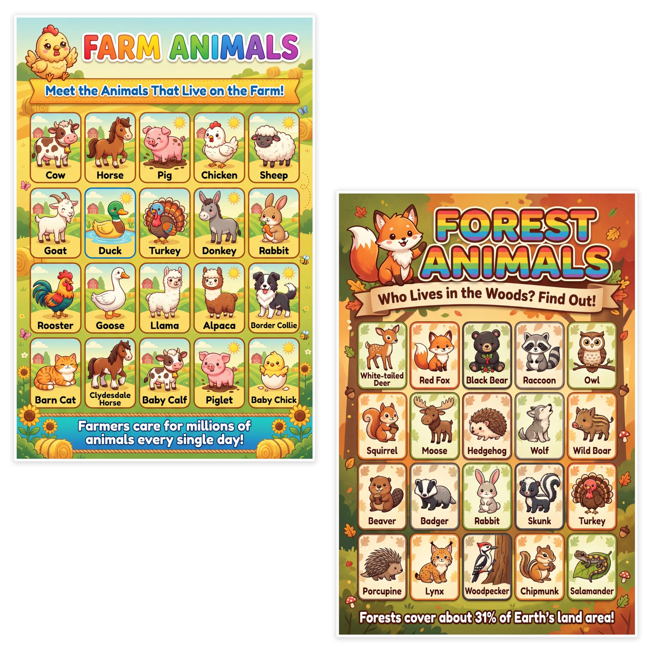 JELLY BEAN GENIUS Farm & Forest Animals Poster for Kids – Double Sided Laminated Educational Chart | 40 Woodland & Barnyard