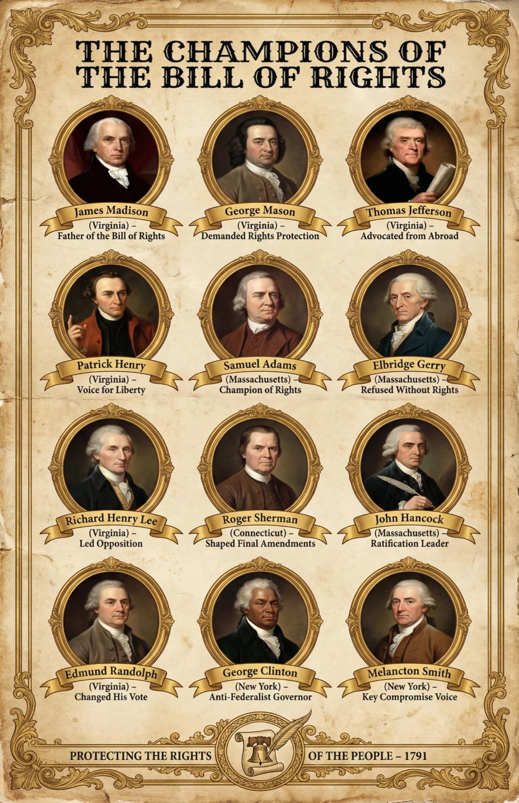 JELLY BEAN GENIUS Champions of the Bill of Rights Poster - Founding Fathers Who Fought for Freedom - Laminated 11x17 - US