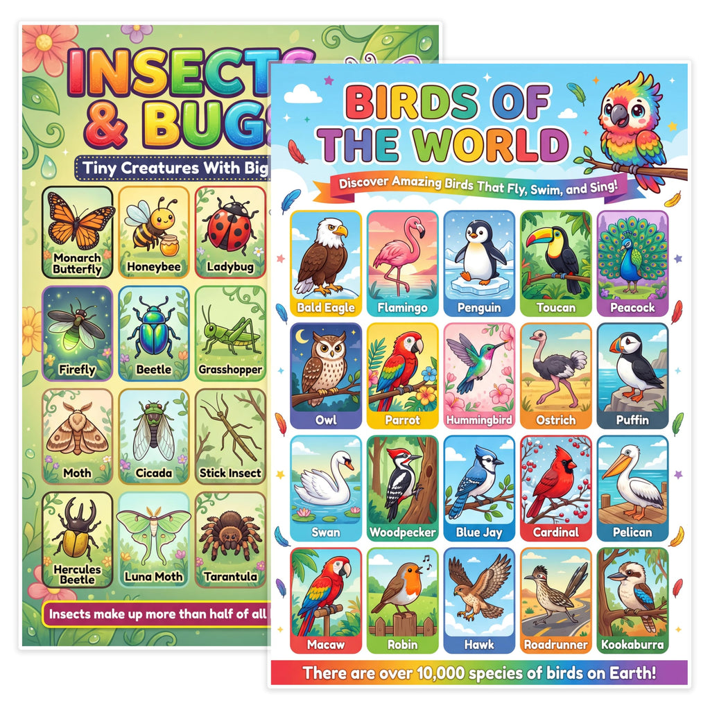 JELLY BEAN GENIUS Birds & Insects Poster for Kids – Double Sided Laminated Educational Chart | 20 Birds of the World + 20
