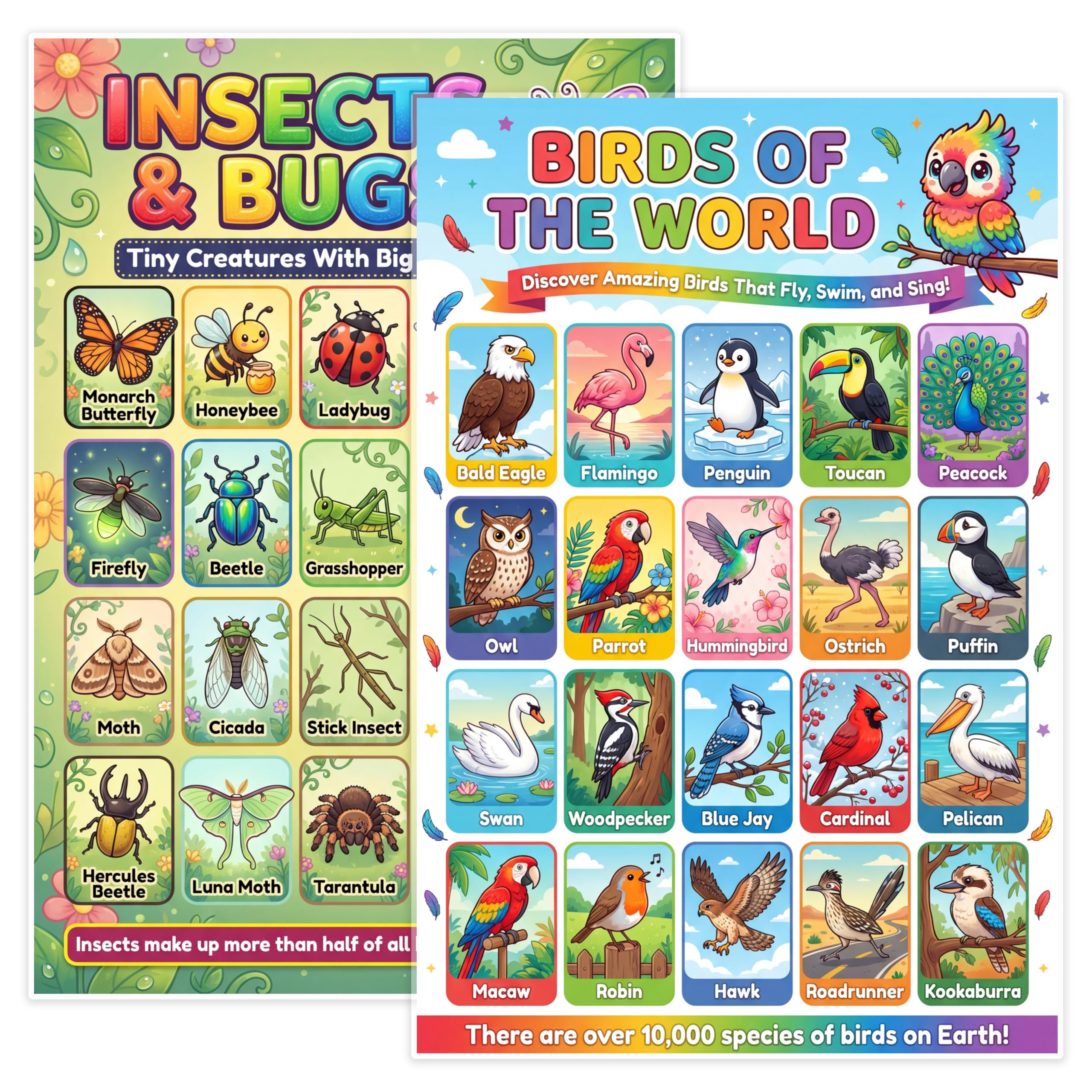 JELLY BEAN GENIUS Birds & Insects Poster for Kids – Double Sided Laminated Educational Chart | 20 Birds of the World + 20