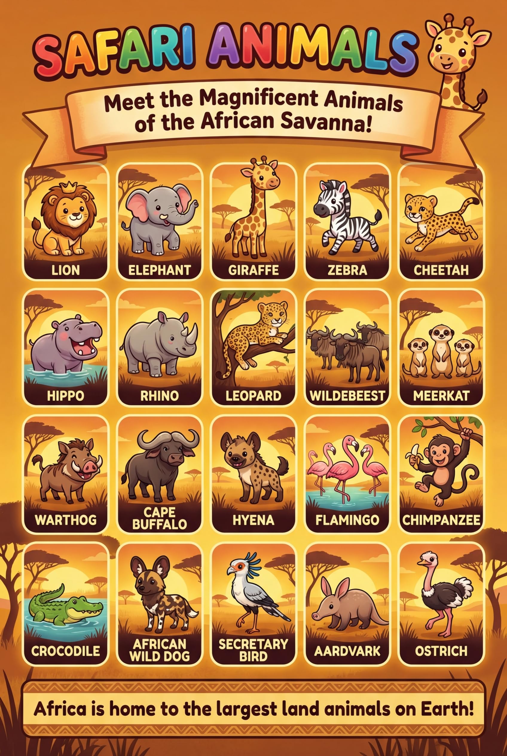 JELLY BEAN GENIUS Safari & Jungle Animals Poster for Kids – Double Sided Laminated Educational Chart | 40 Wild Animals