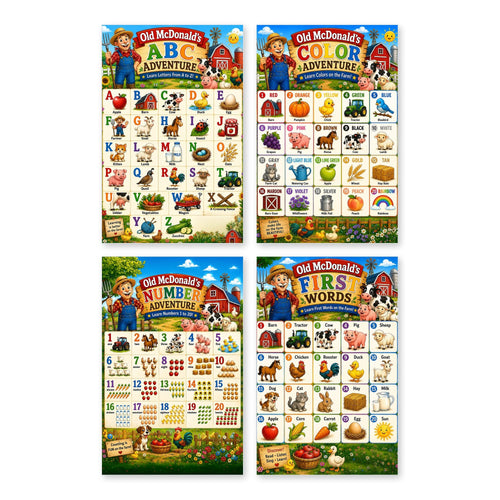 JELLY BEAN GENIUS Farm Animals Learning Posters Set of 4 – Laminated Dry-Erase ABC Alphabet Colors Numbers First Words | Preschool Classroom Wall Posters 11x17