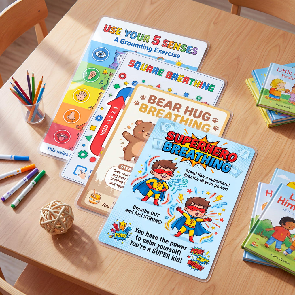 Calm Down Corner Posters for Kids – 4 Pack Breathing & Grounding Techniques Set, Square Breathing, Bear Hug, Superhero