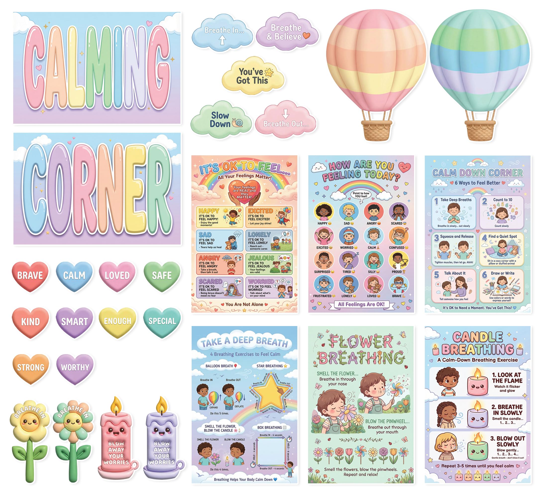 JELLY BEAN GENIUS Calming Corner Wall System for Kids – 29-Piece Social Emotional Learning & Emotional Awarenesss Visuals
