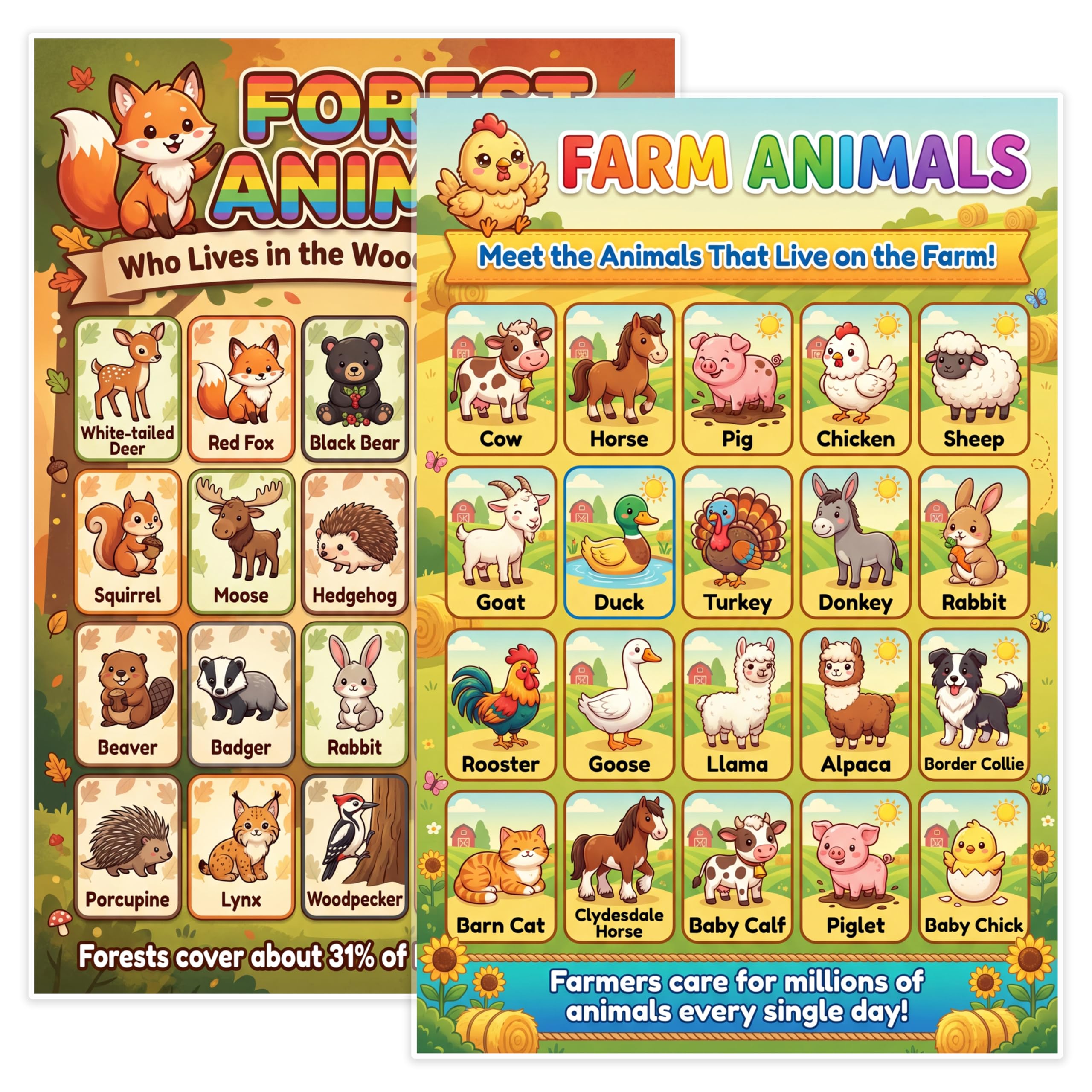 JELLY BEAN GENIUS Farm & Forest Animals Poster for Kids – Double Sided Laminated Educational Chart | 40 Woodland & Barnyard