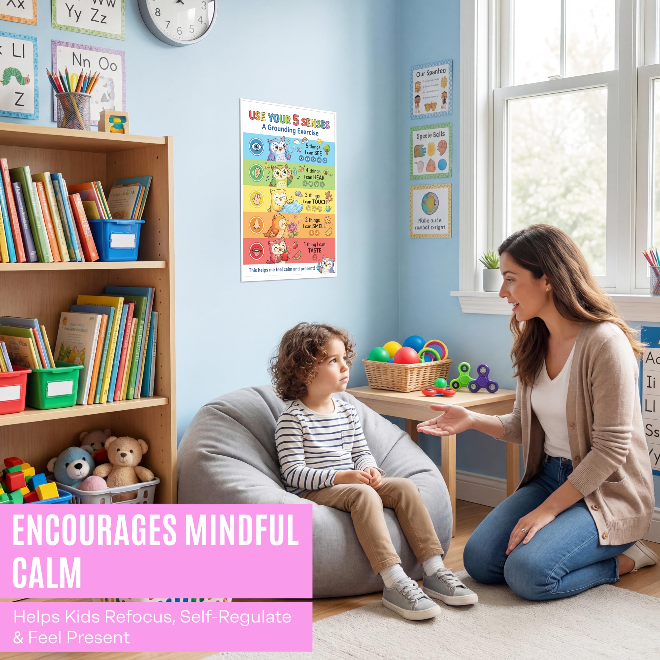 JELLY BEAN GENIUS 5-4-3-2-1 Grounding Poster for Kids – 5 Senses Calm Down Technique, Calm Corner Classroom Decor, SEL