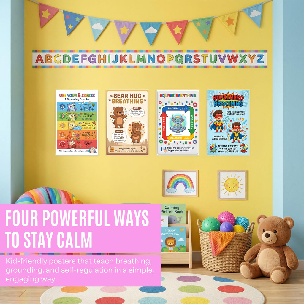 Calm Down Corner Posters for Kids – 4 Pack Breathing & Grounding Techniques Set, Square Breathing, Bear Hug, Superhero