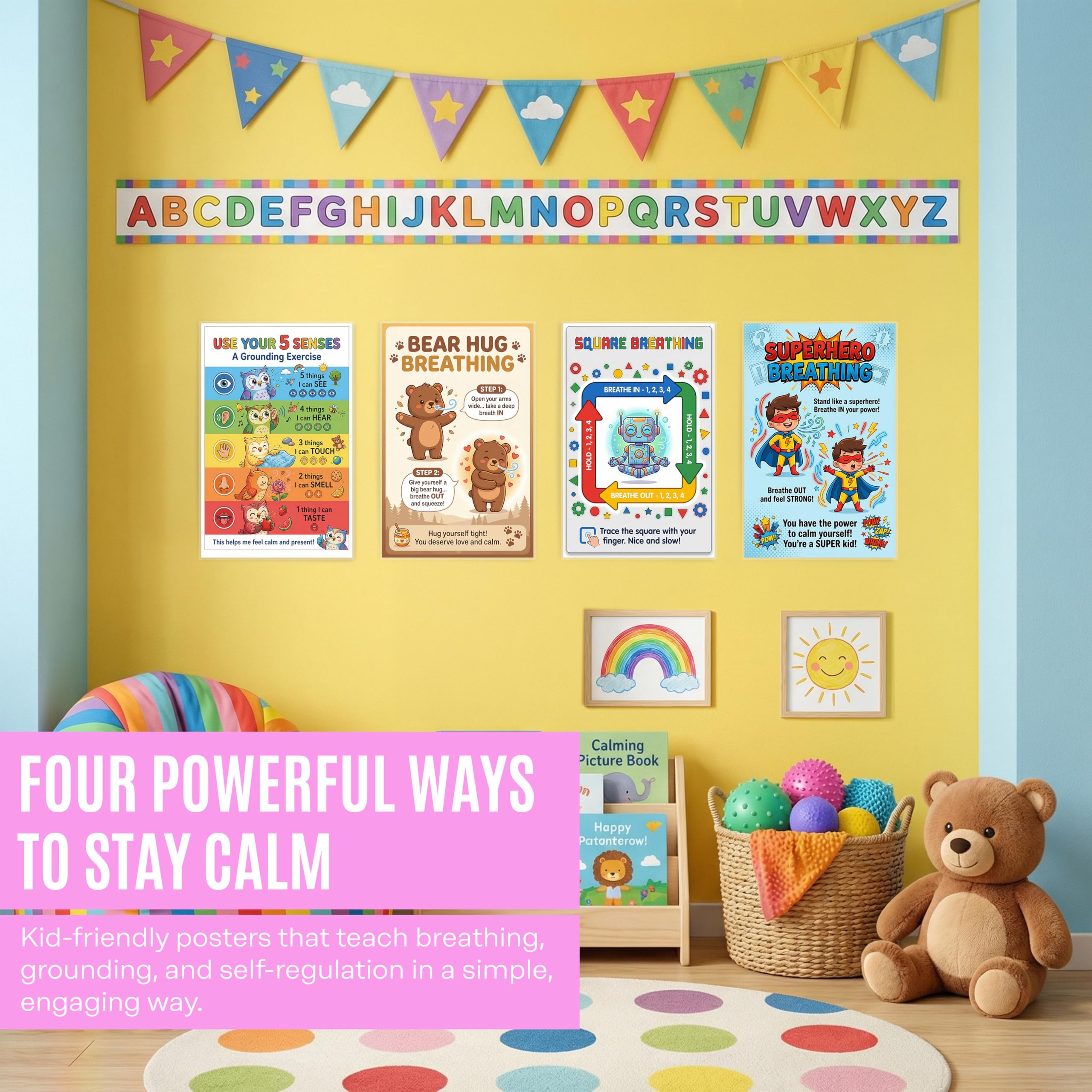 Calm Down Corner Posters for Kids – 4 Pack Breathing & Grounding Techniques Set, Square Breathing, Bear Hug, Superhero