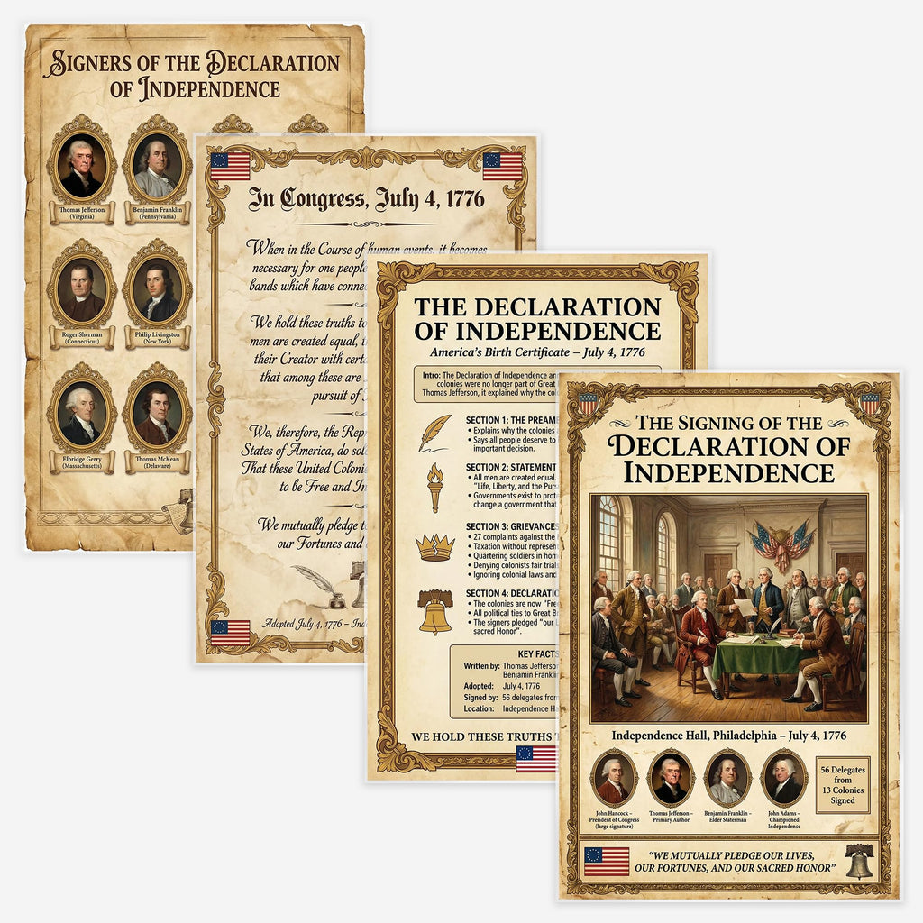 JELLY BEAN GENIUS Declaration of Independence Poster Set (4 Pack) - Signers, Summary, Signing Scene, Document - Laminated