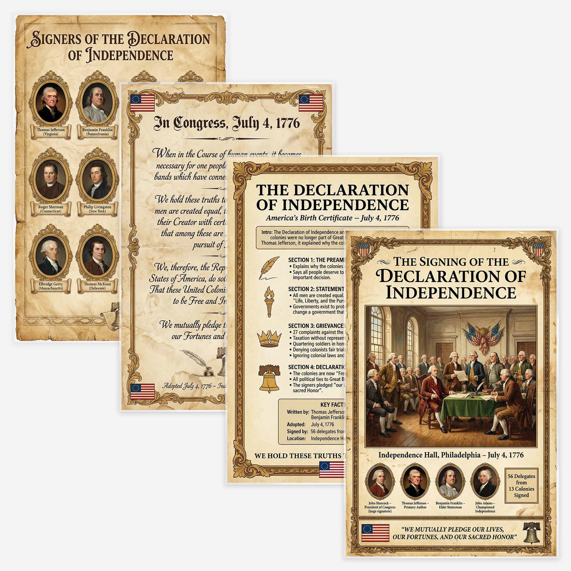 JELLY BEAN GENIUS Declaration of Independence Poster Set (4 Pack) - Signers, Summary, Signing Scene, Document - Laminated