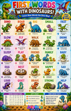 Four laminated dinosaur learning posters for letters, colors, first words, and counting with QR code audio lessons. — view 5