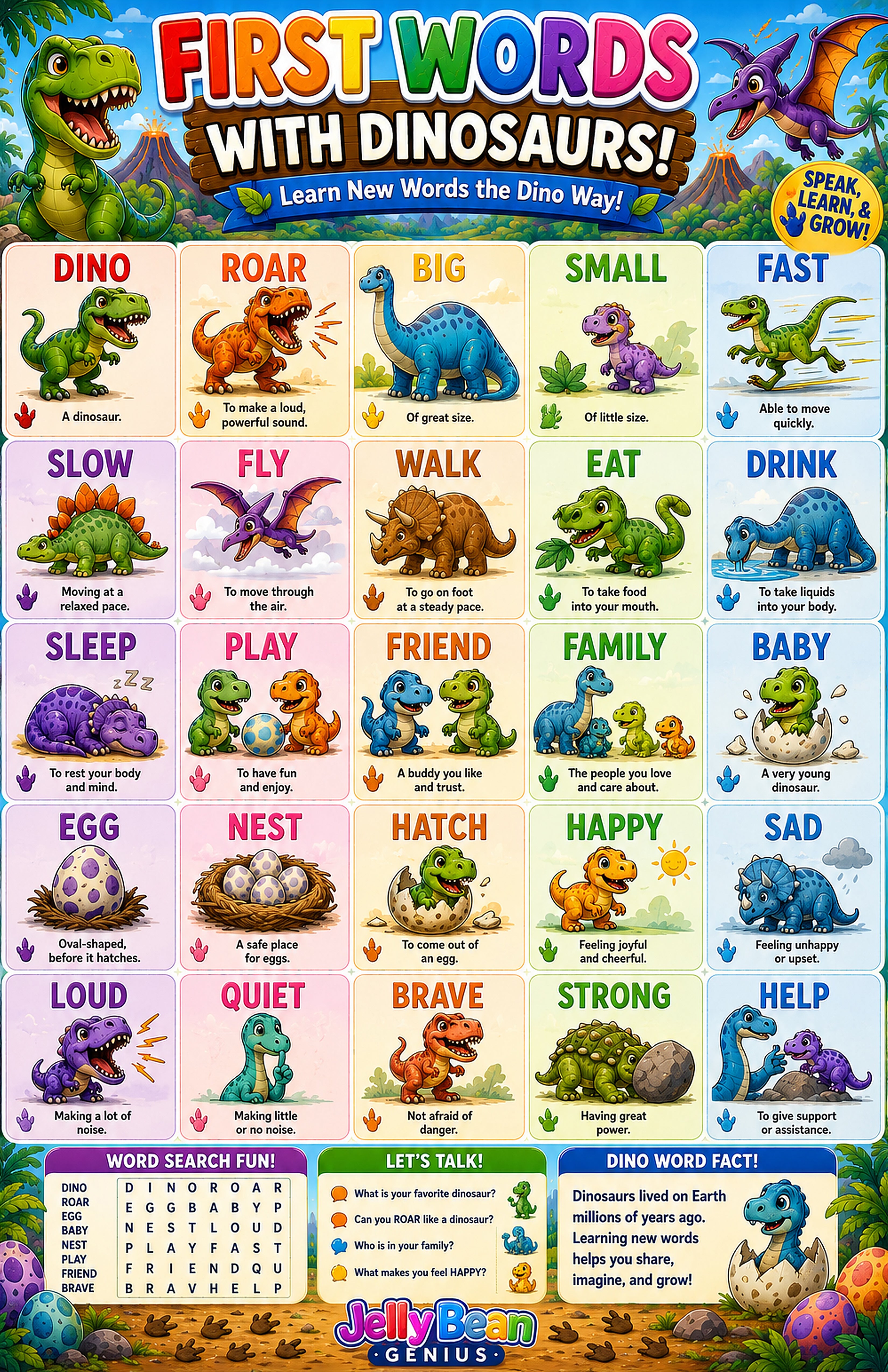 Four laminated dinosaur learning posters for letters, colors, first words, and counting with QR code audio lessons. — view 5