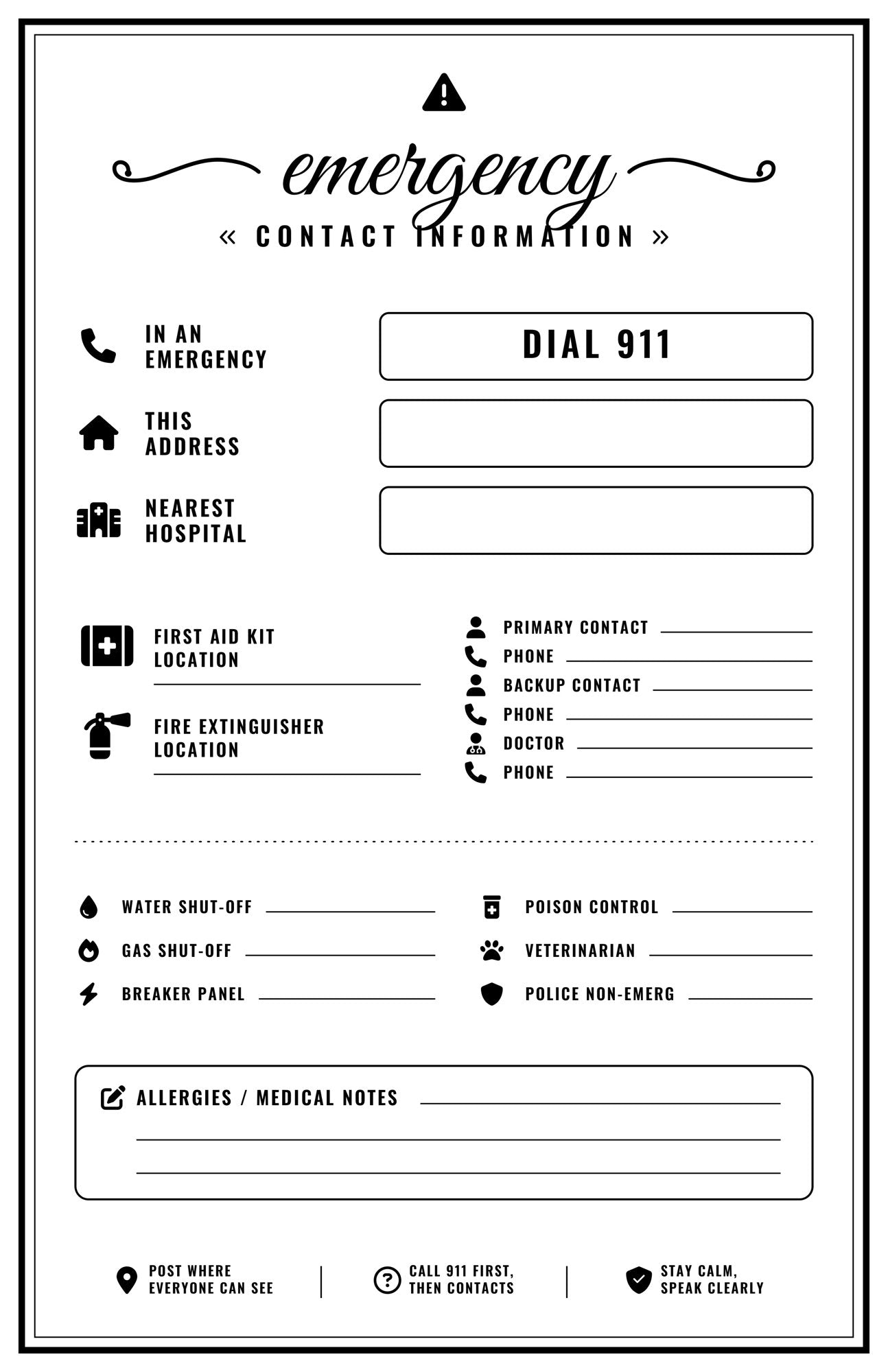Five laminated emergency contact information posters with QR codes for narrated audio lessons