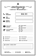 Set of laminated emergency contact information posters with QR codes for narrated audio lessons.