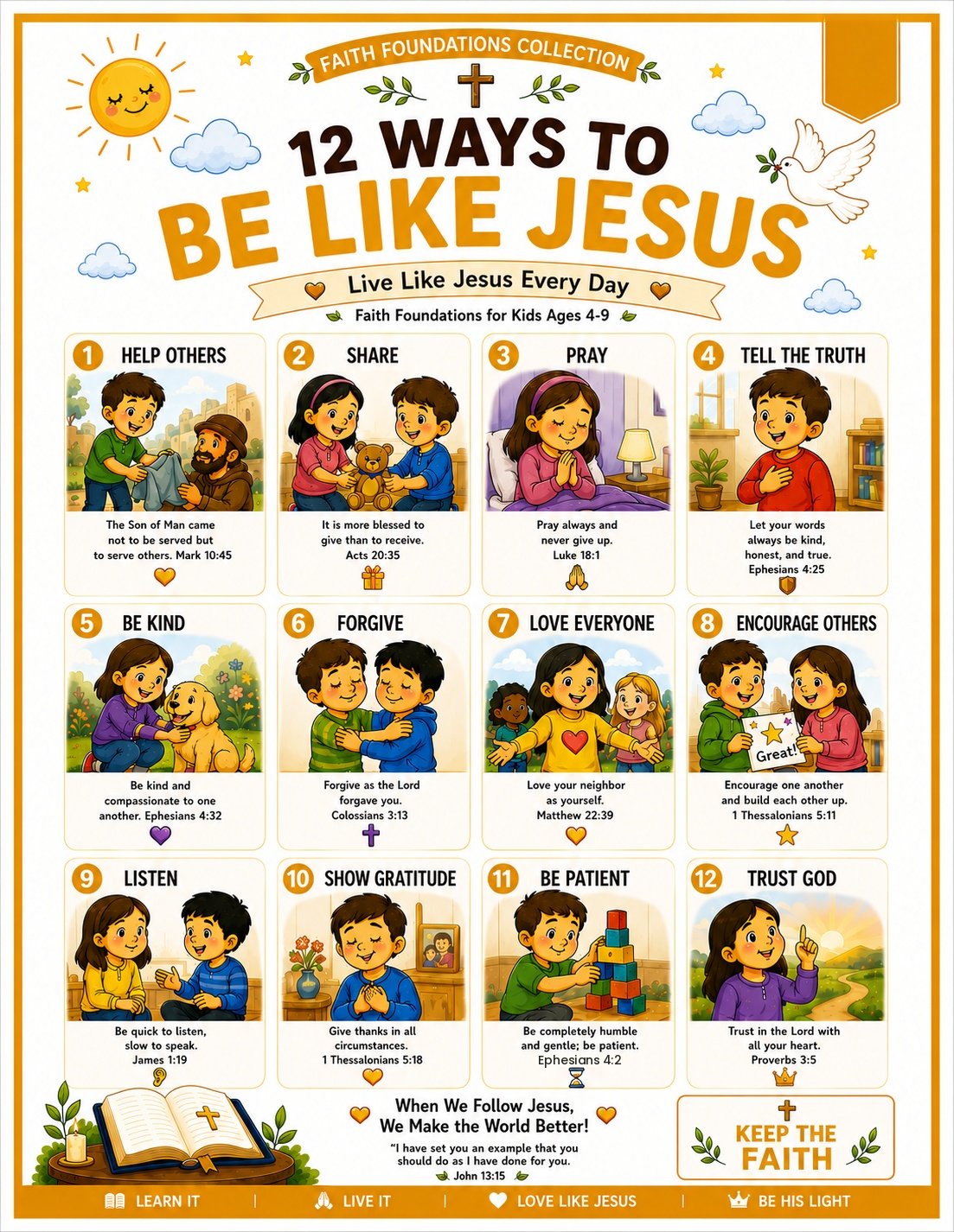 Five laminated faith posters with QR codes for narrated audio lessons: prayers, Bible heroes, Bible stories, values, and — view 8