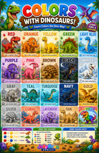 Four laminated dinosaur learning posters for letters, colors, first words, and counting with QR code audio lessons. — view 4