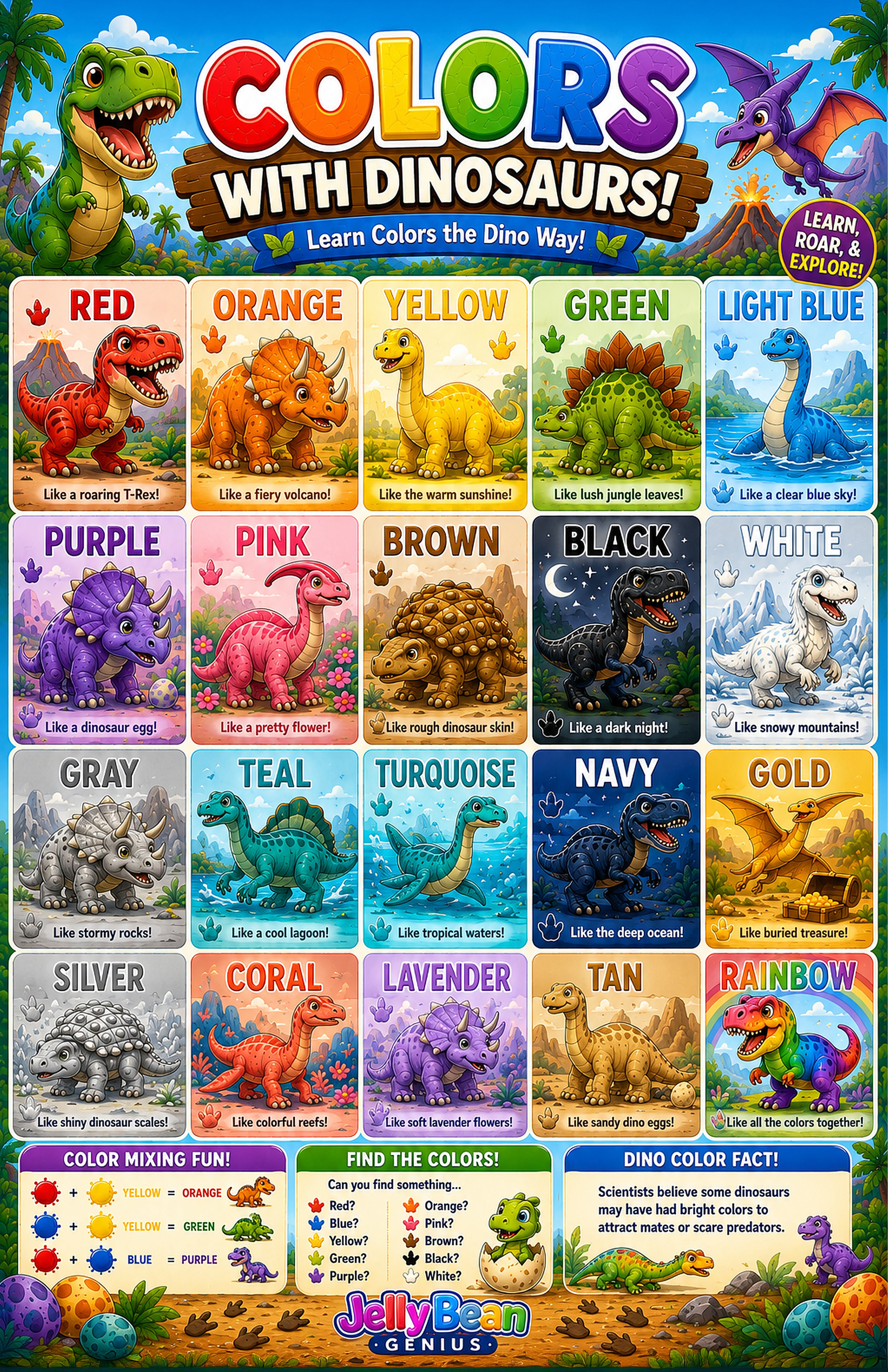 Four laminated dinosaur learning posters for letters, colors, first words, and counting with QR code audio lessons. — view 4
