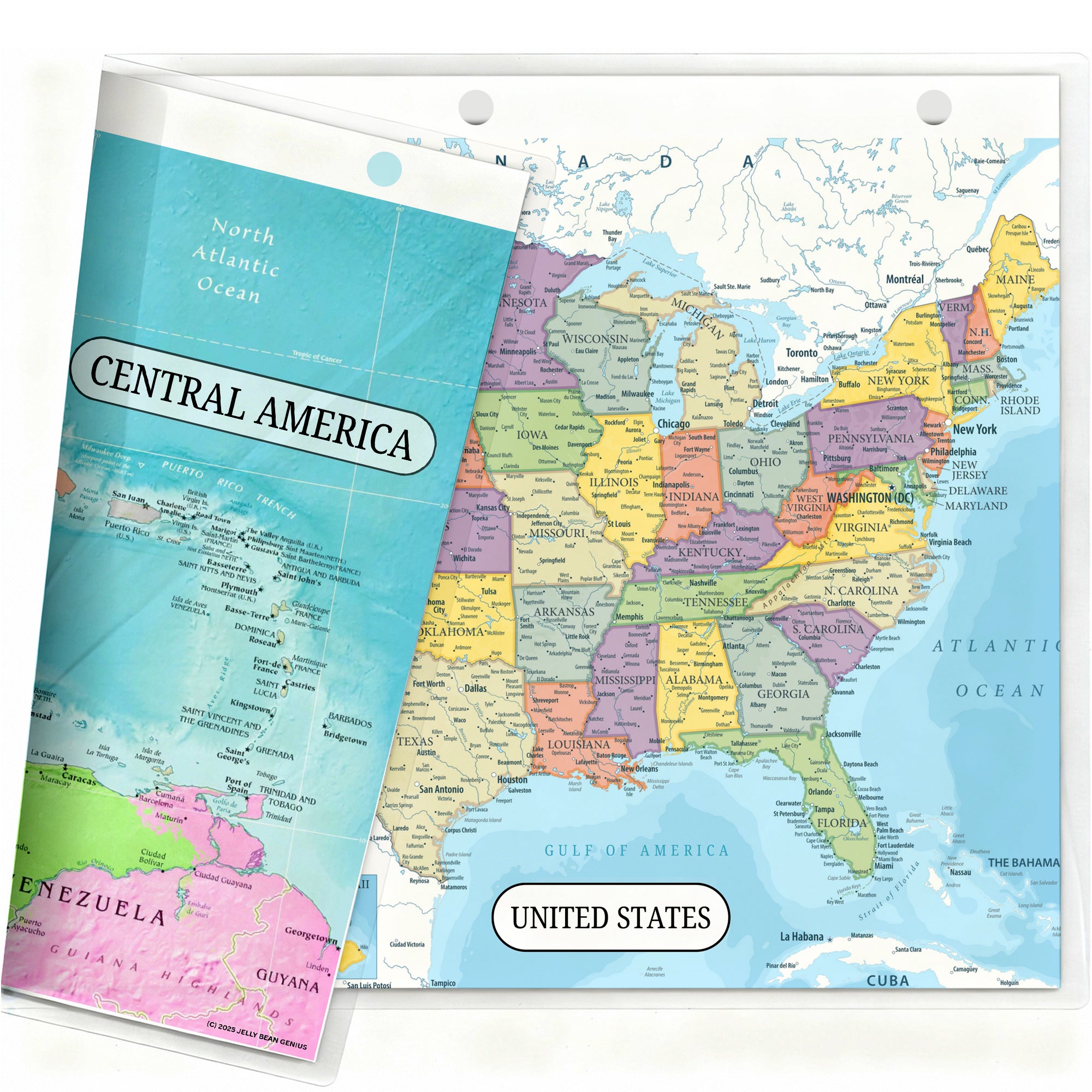 Detailed United States Map & Central America Map Reference Binder Insert (Double-Sided) | Geography Learning Chart for Kids