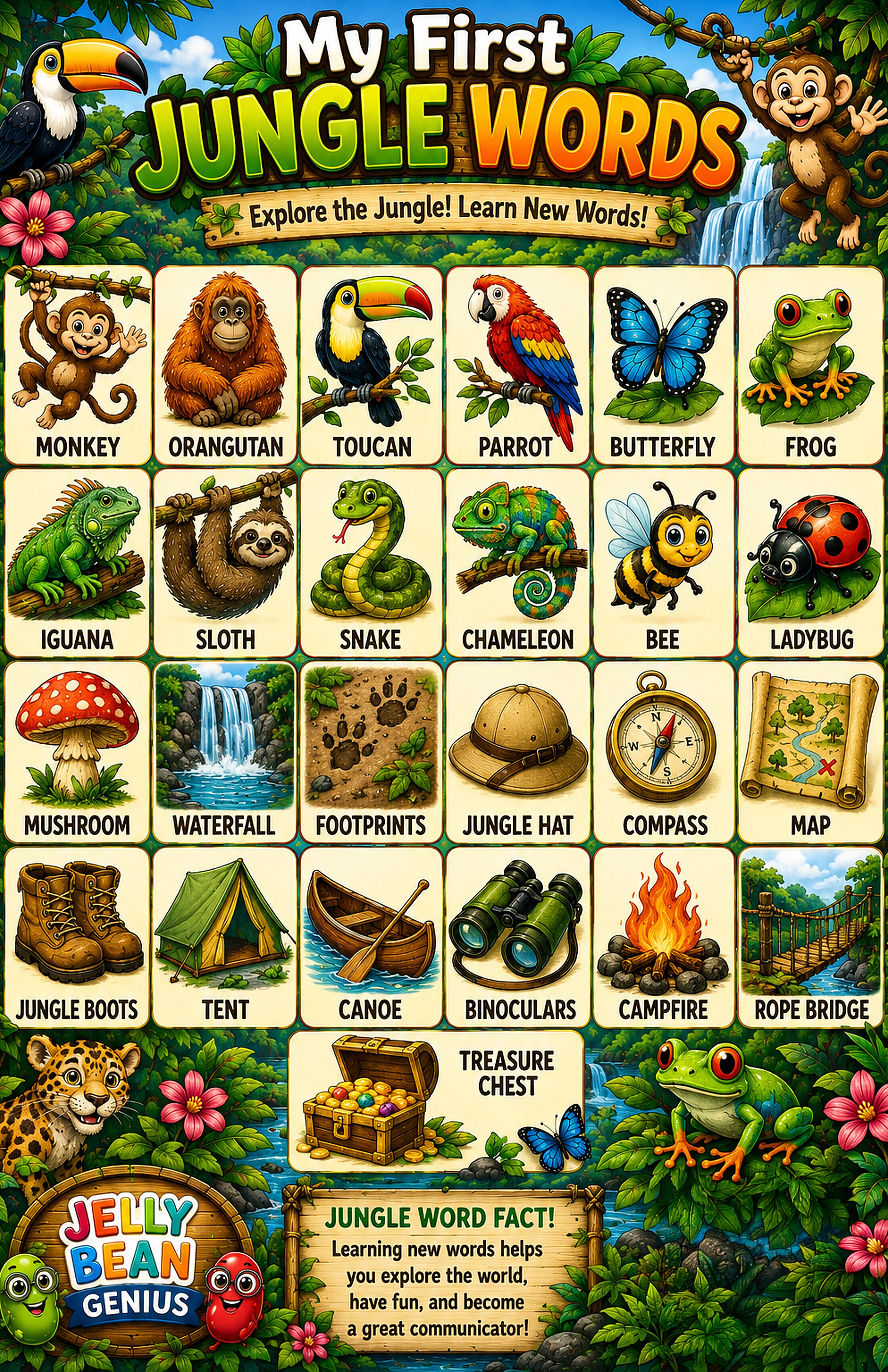 Four laminated jungle learning posters for alphabet, colors, jungle words, and counting with QR audio lessons. — view 5