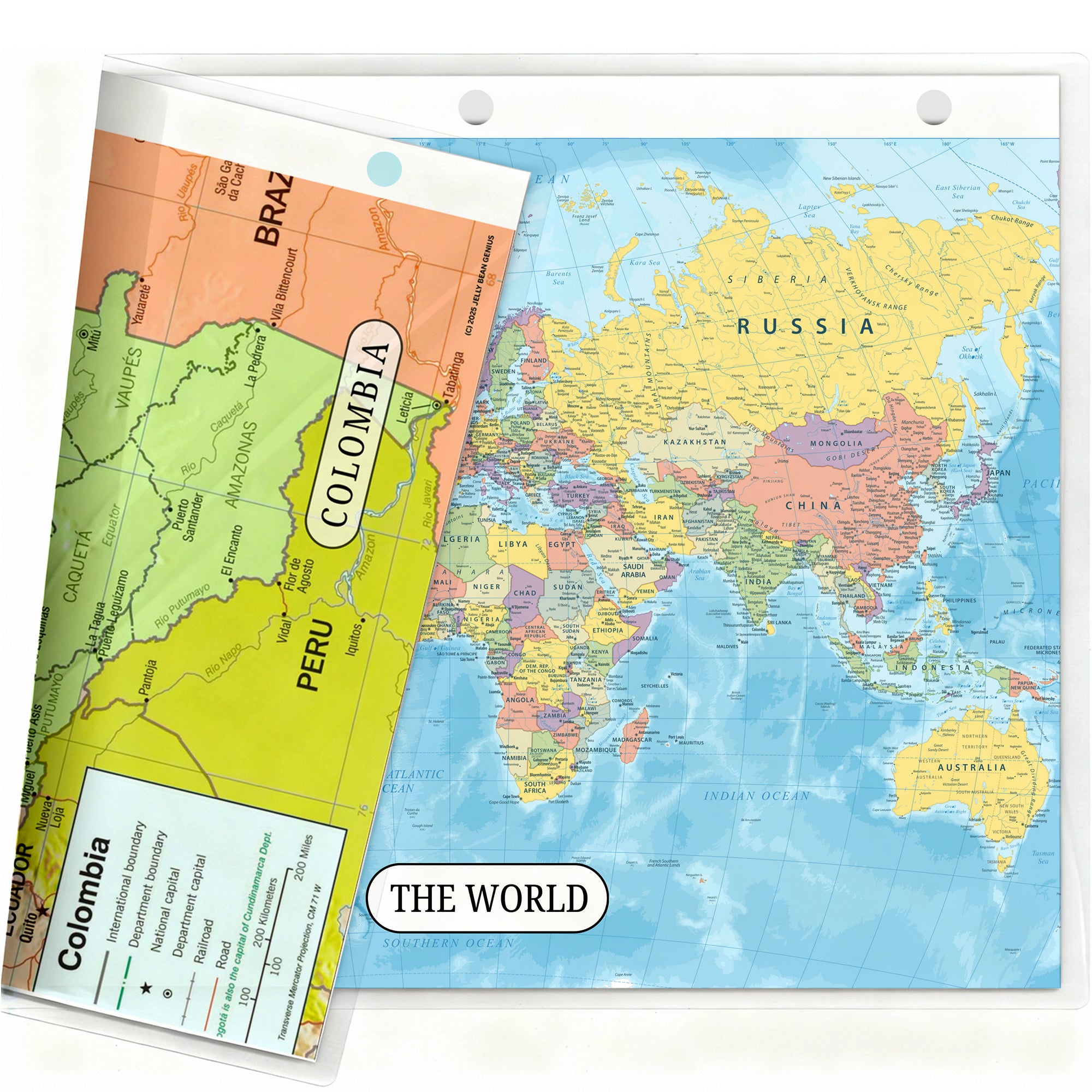 World Map & Colombia Map Reference Binder Insert (Double-Sided) | Geography Learning Chart for Kids