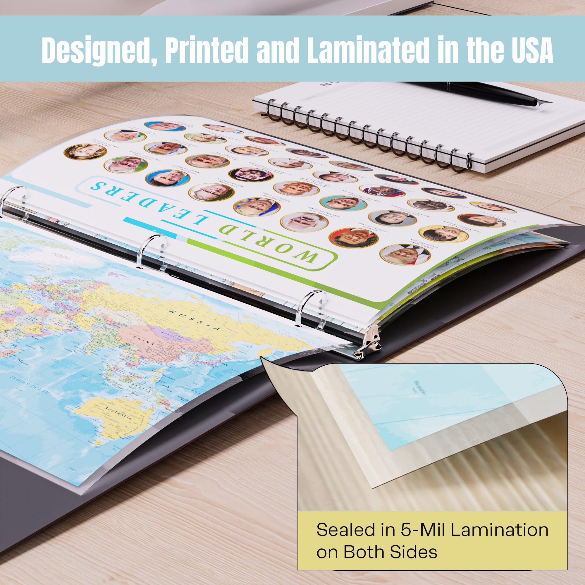 World Map & World Leaders Binder Insert | Geography Learning Chart for Kids