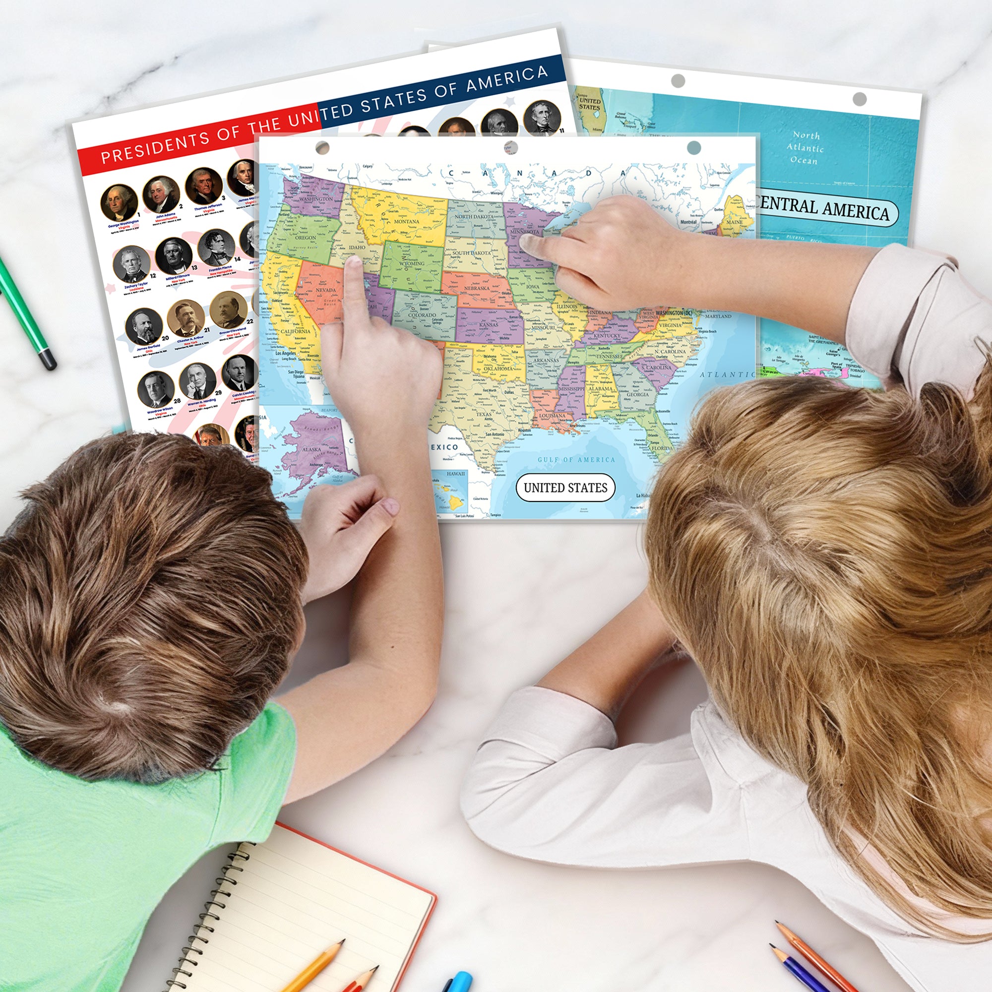 Detailed United States Map & Central America Map Reference Binder Insert (Double-Sided) | Geography Learning Chart for Kids