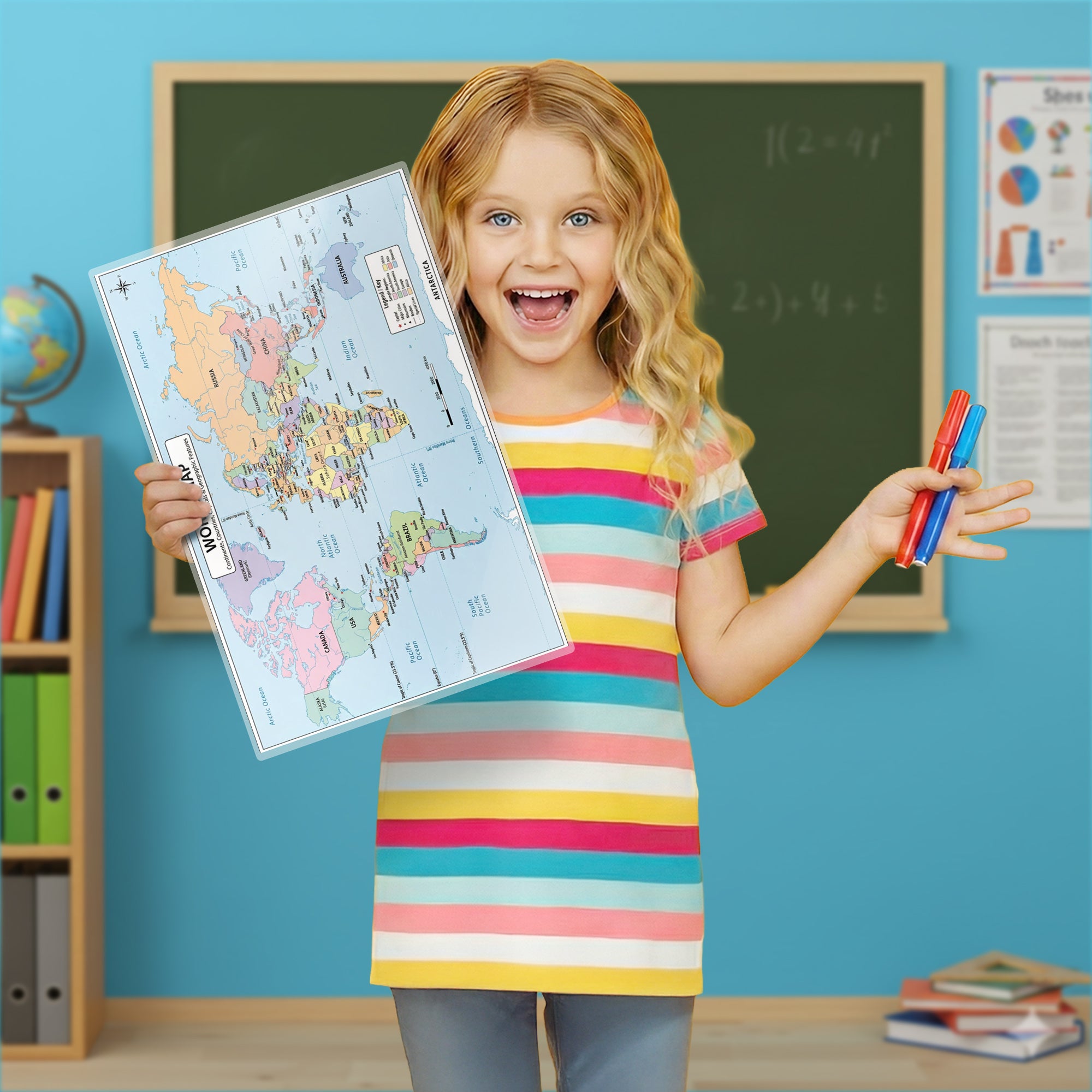 Young girl holding a world map and colorful pens in a classroom setting