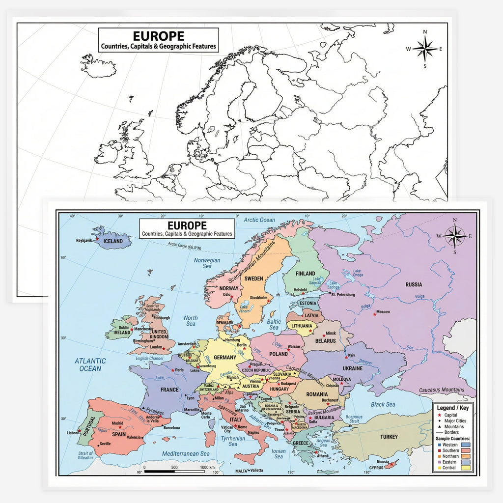 Europe Map | 11×17 Laminated Dry Erase Study Map (Double-Sided) | Geography Learning Chart for Kids