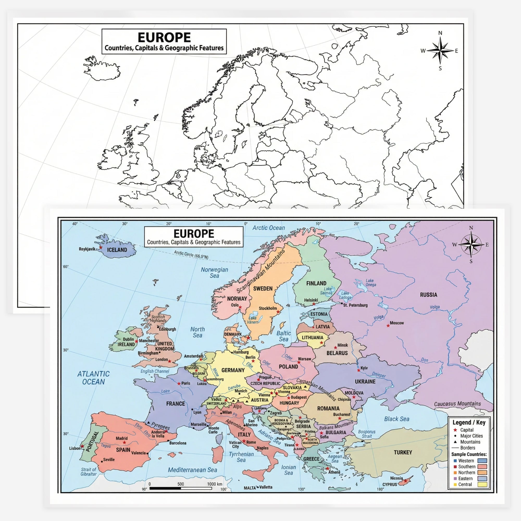 Europe Map | 11×17 Laminated Dry Erase Study Map (Double-Sided) | Geography Learning Chart for Kids