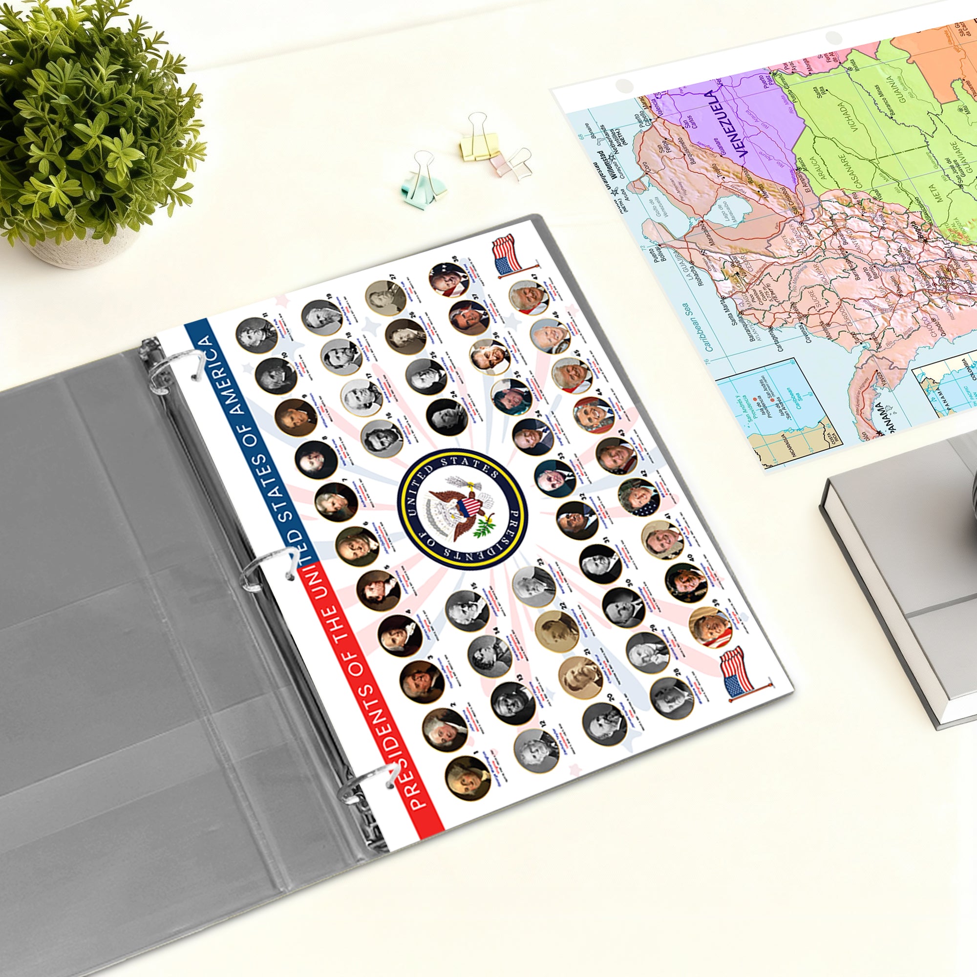Sheet of U.S. Presidents stickers in a binder with a map in the background