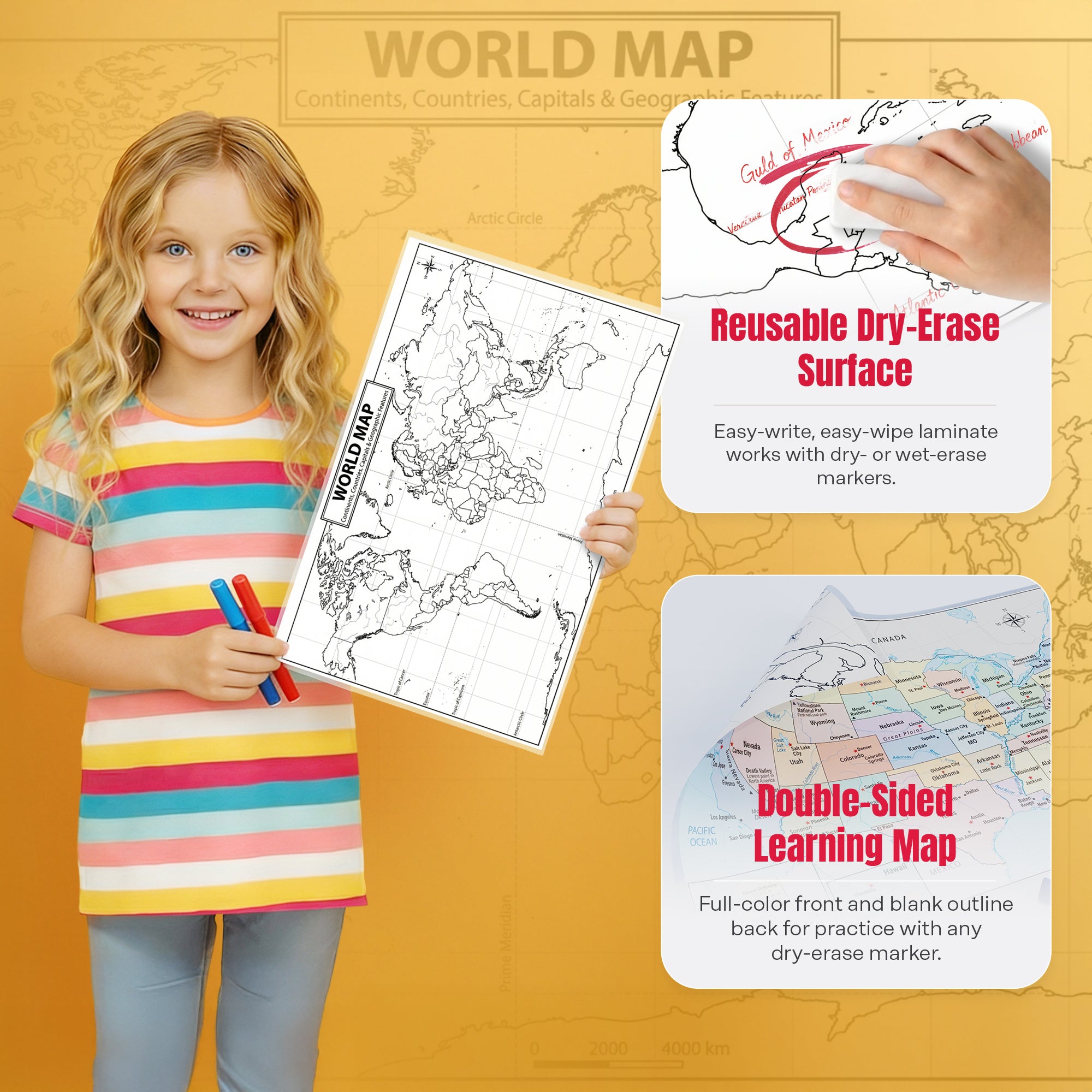 Child holding a world map with dry-erase markers on an orange background