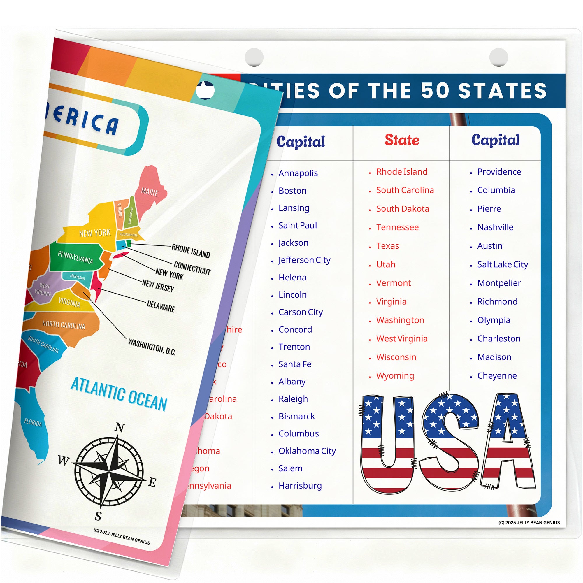 United States Map & States–Cities Reference Binder Insert (Double-Sided) | Geography Learning Chart for Kids