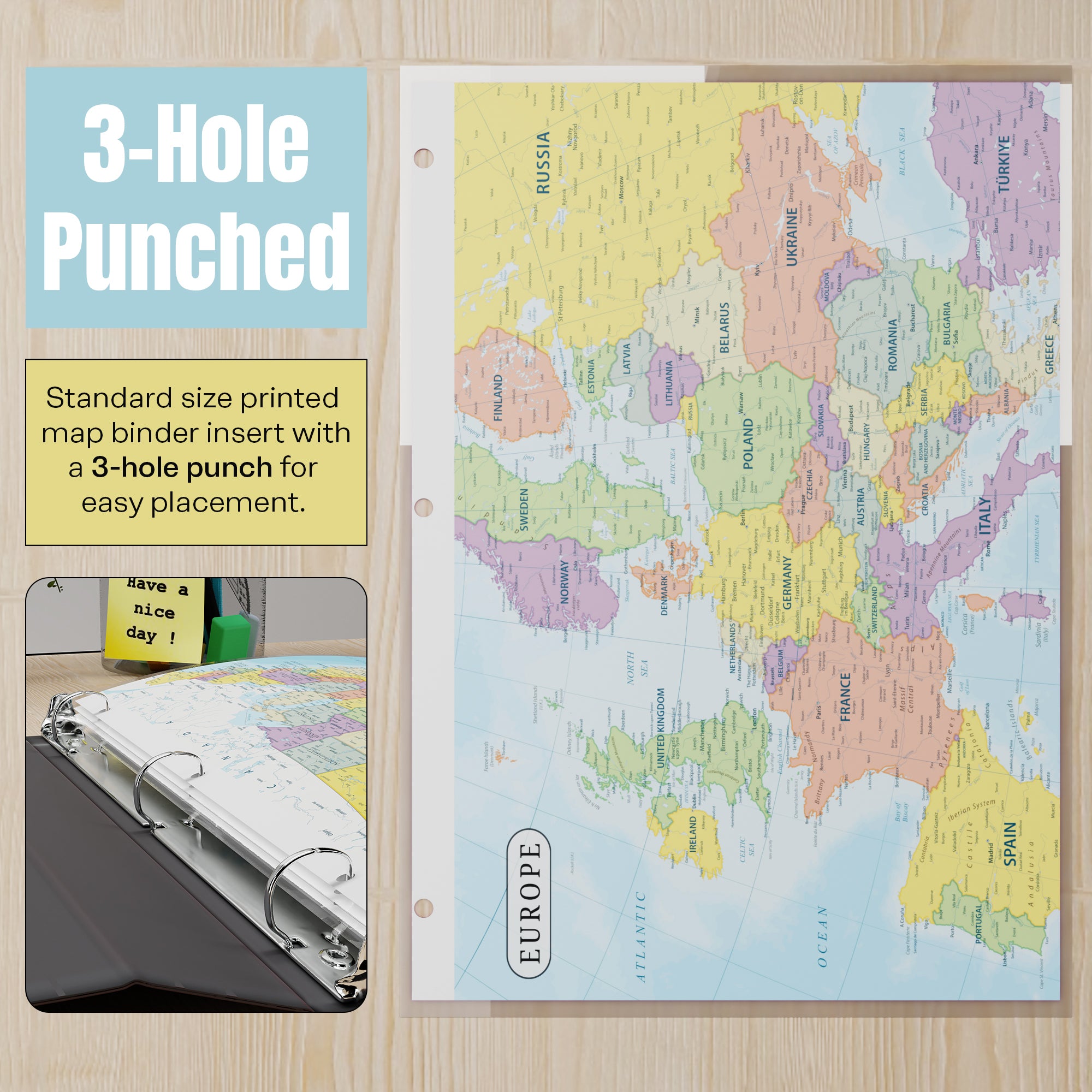 World map binder insert with 3-hole punch on a wooden surface
