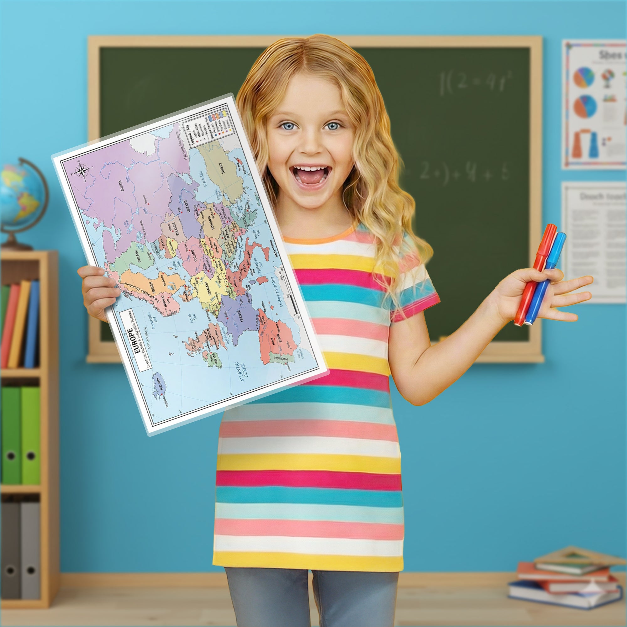 Europe Map | 11×17 Laminated Dry Erase Study Map (Double-Sided) | Geography Learning Chart for Kids