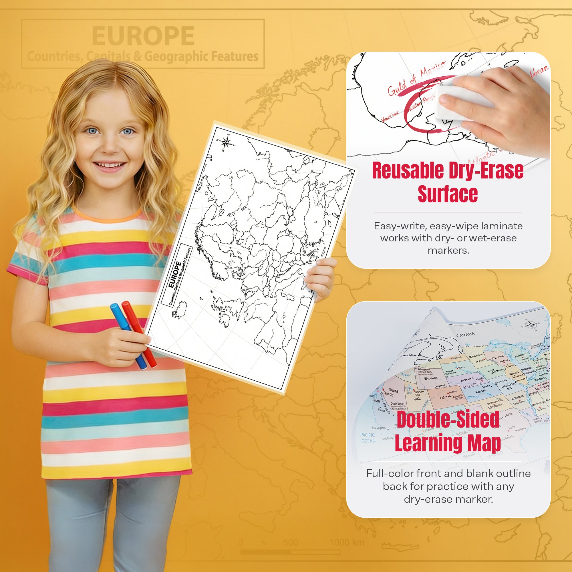 Europe Map | 11×17 Laminated Dry Erase Study Map (Double-Sided) | Geography Learning Chart for Kids