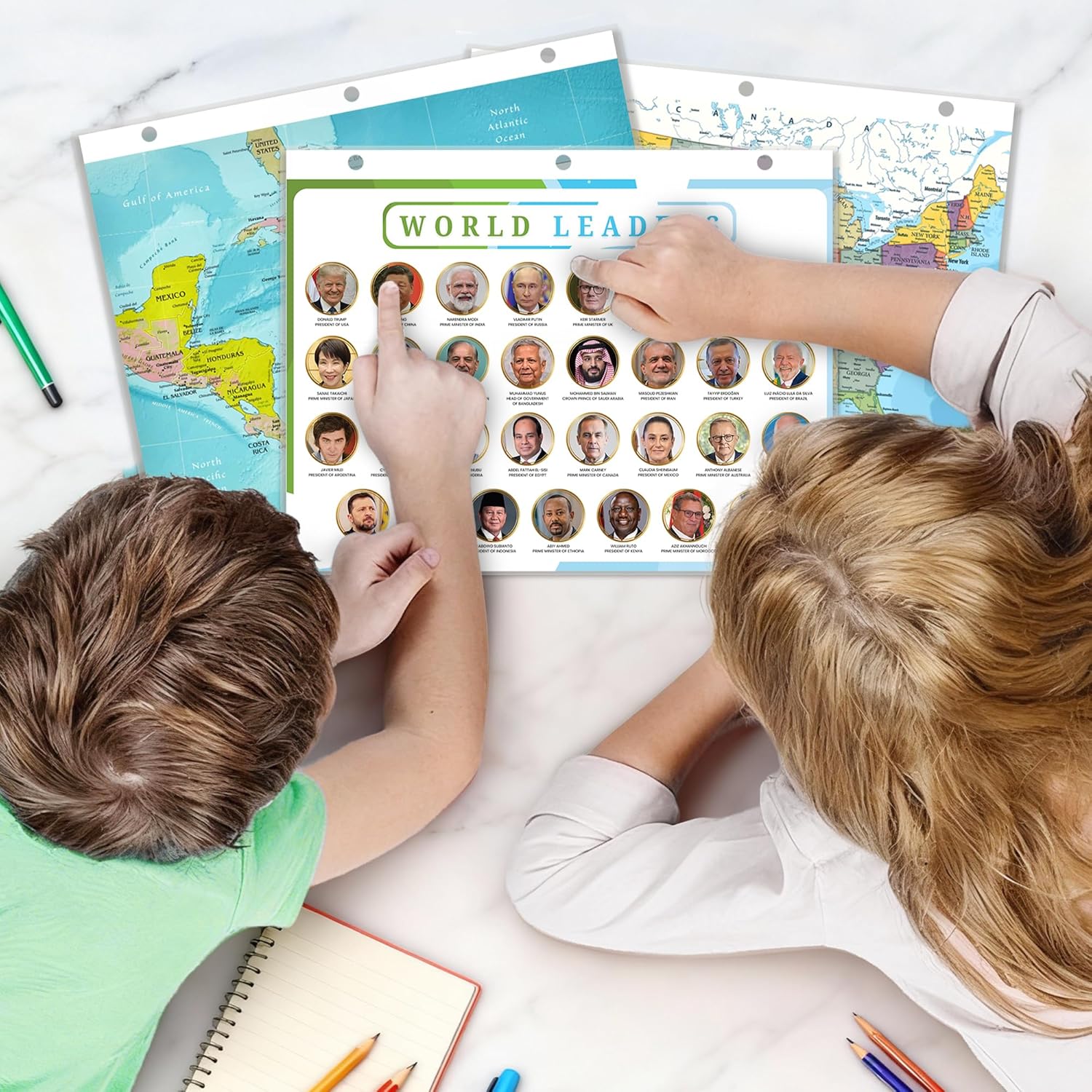 World Map & Leaders Reference Page | Geography Learning Chart for Kids