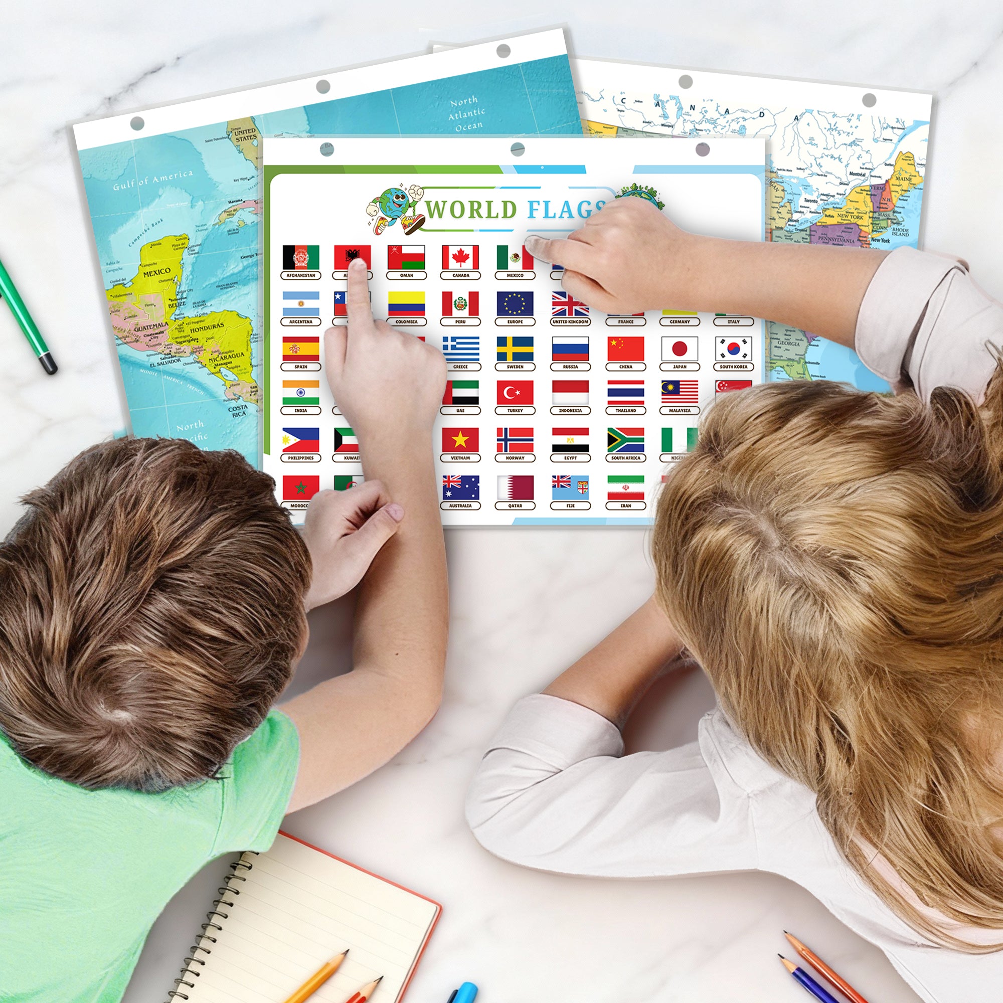 World Map & World Flags Reference Binder Insert (Double-Sided) | Geography Learning Chart for Kids
