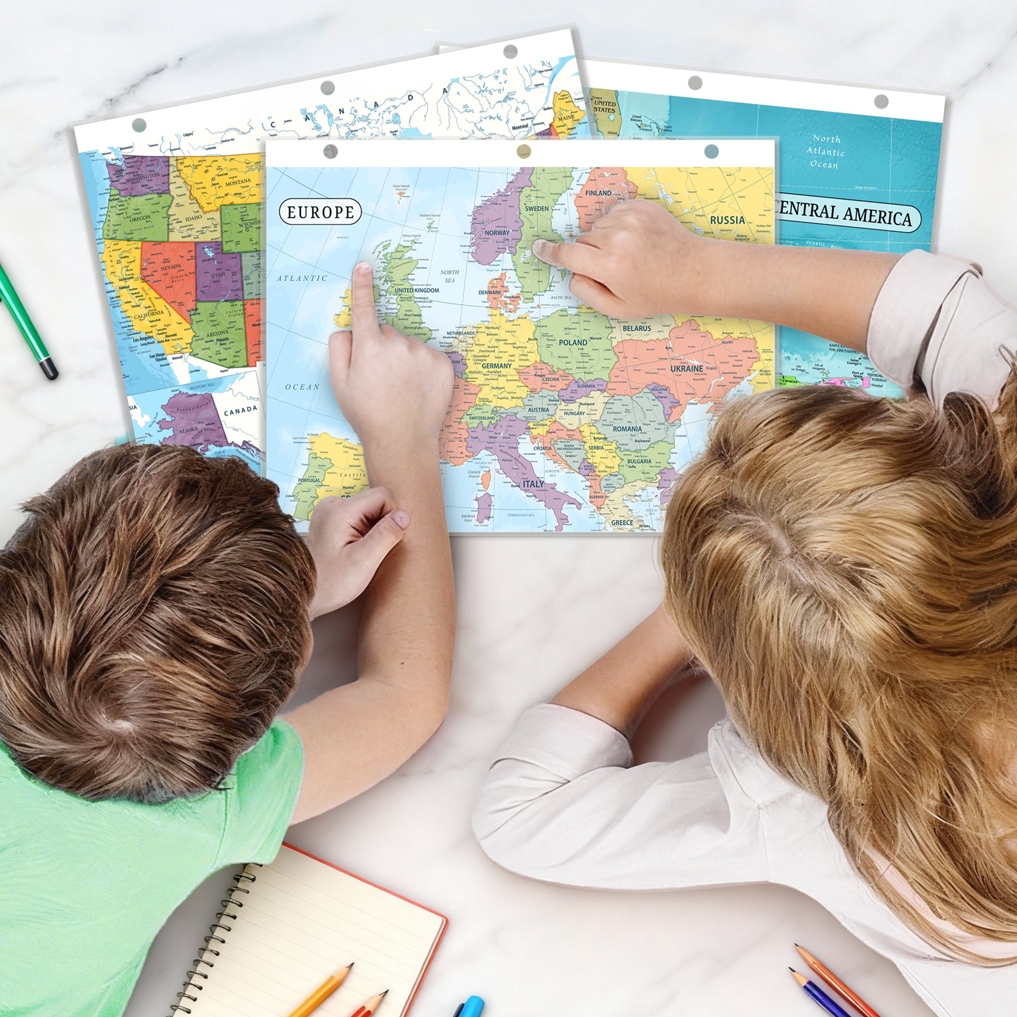 World Map & Europe Map Reference Binder Insert (Double-Sided) | Geography Learning Chart for Kids
