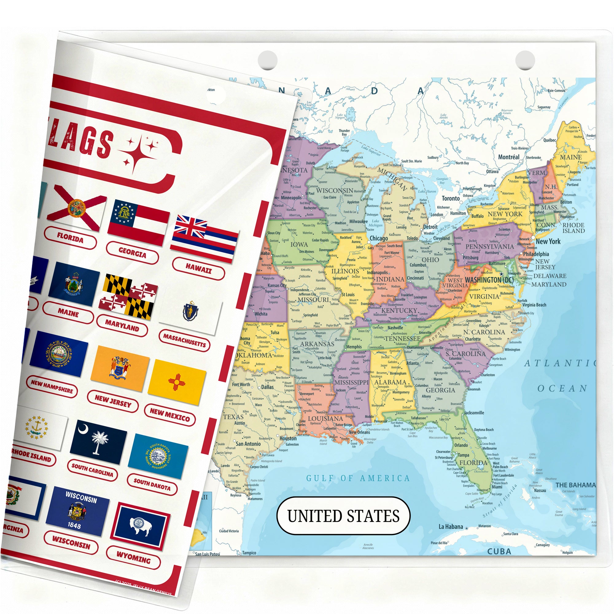 Detailed United States Map & State Flags Reference Binder Insert (Double-Sided) | Geography Learning Chart for Kids