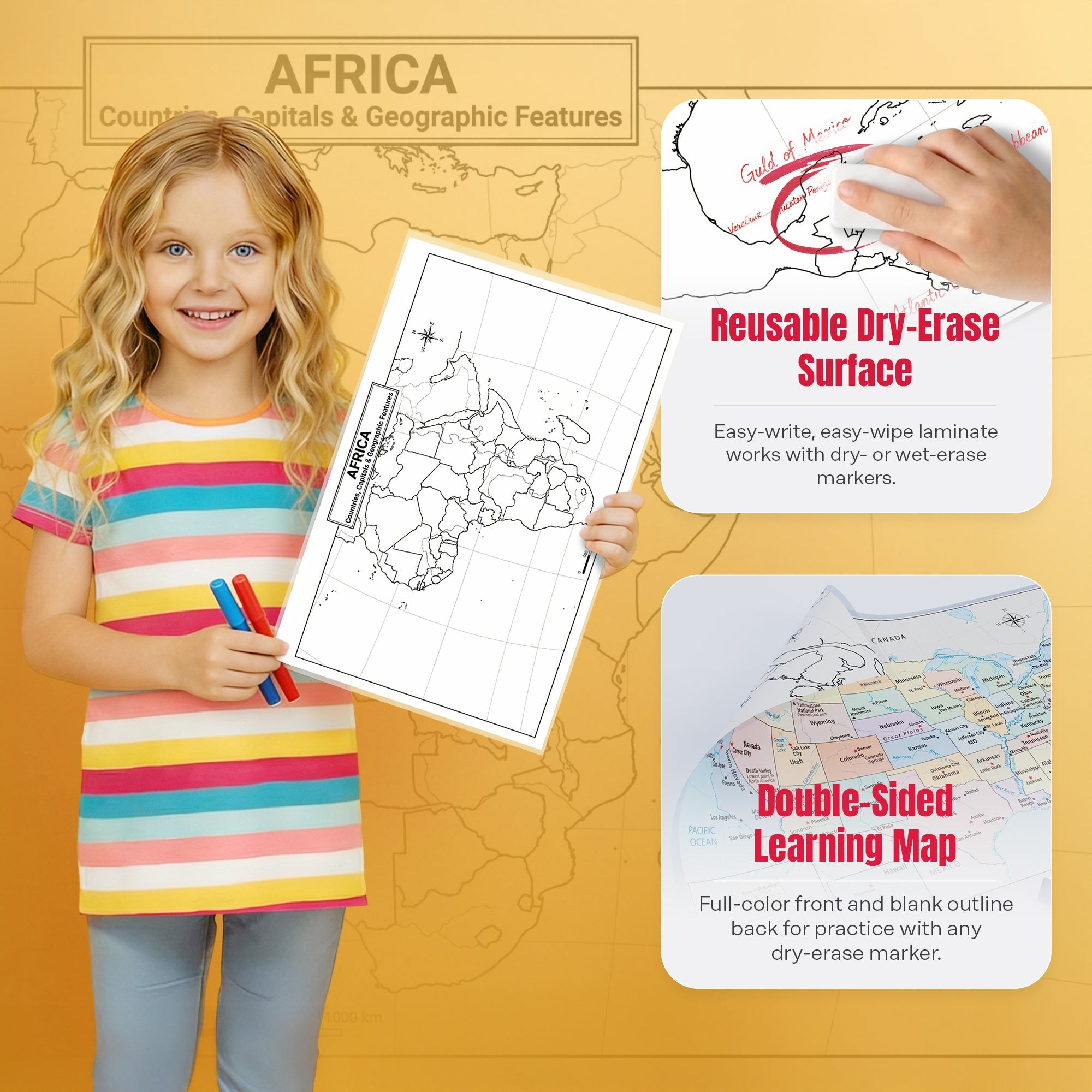 Africa Map | 11×17 Laminated Dry Erase Study Map (Double-Sided) | Geography Learning Chart for Kids