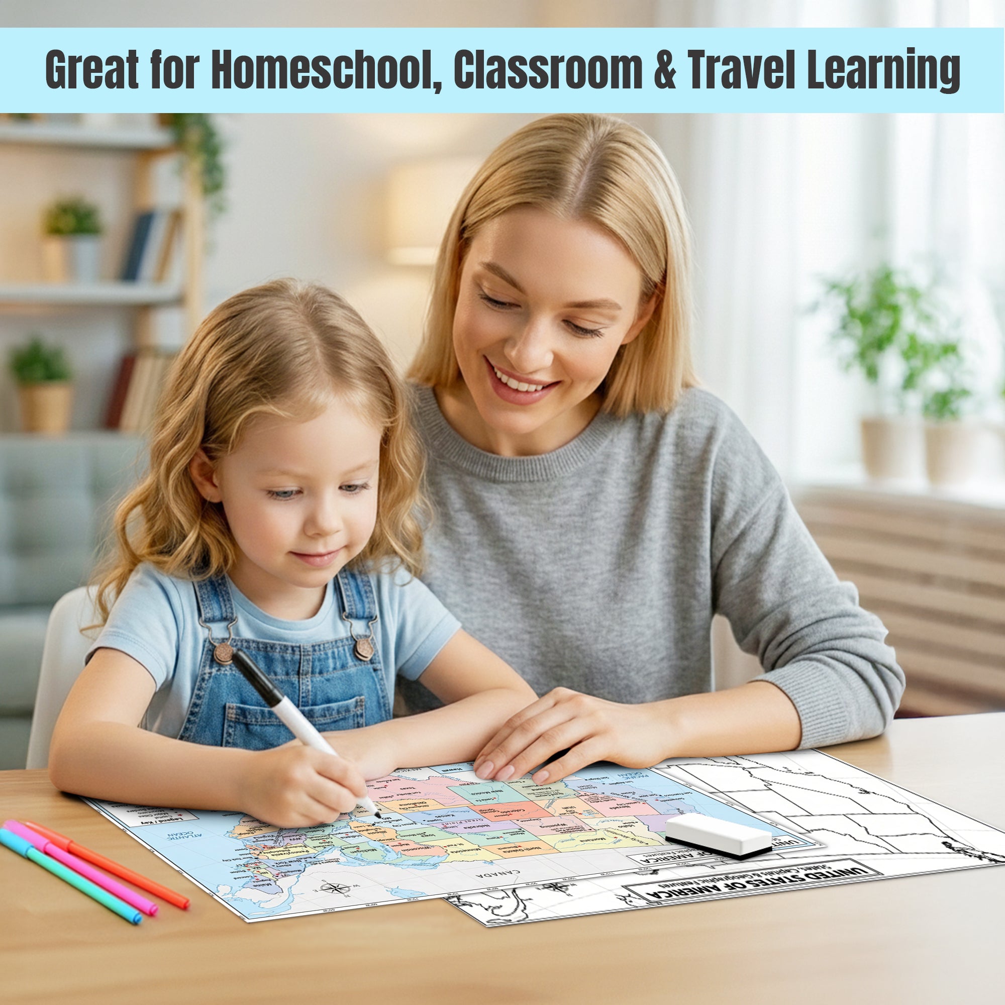 Woman and child sitting at a table with educational materials, smiling.