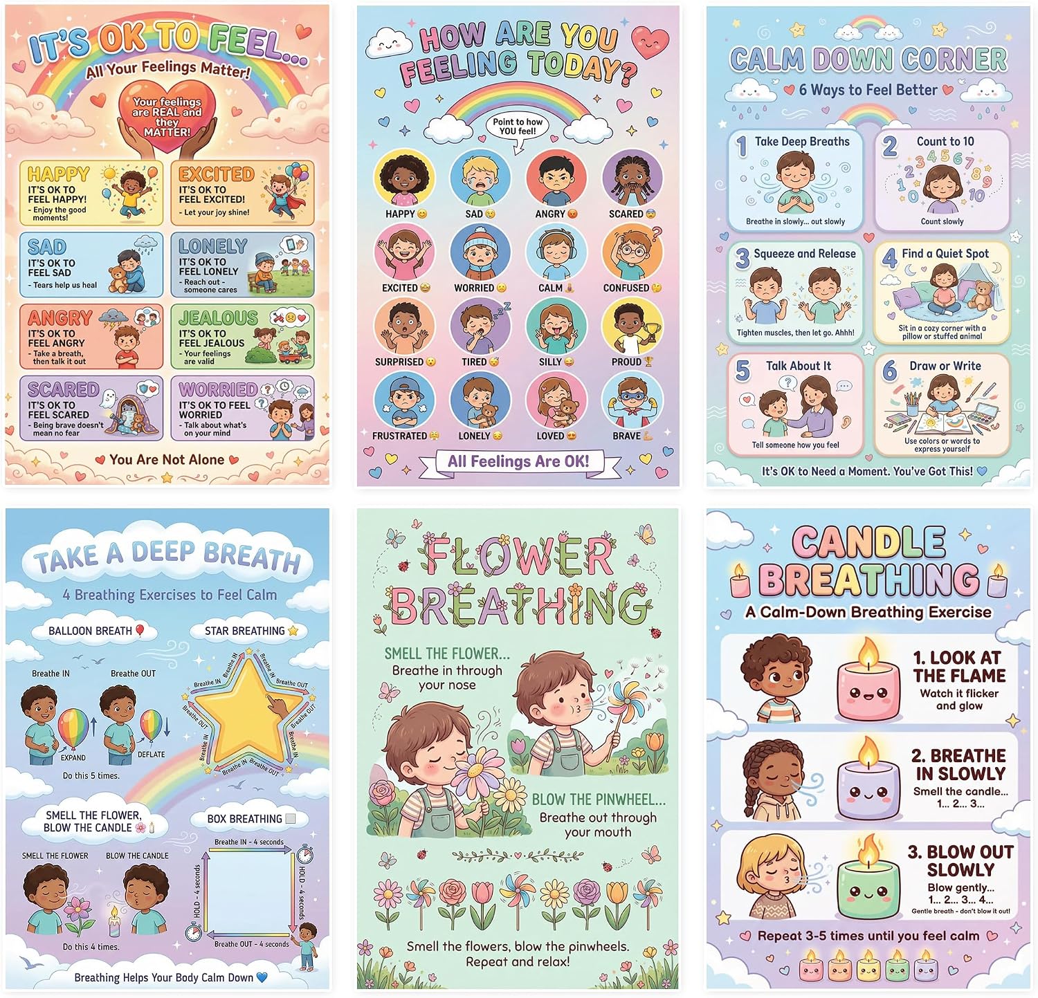Six laminated Calming Corner posters for children with QR codes for narrated calm-down and feelings lessons