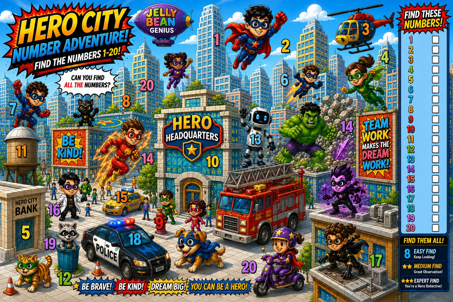 Four laminated superhero learning posters with QR codes for audio lessons, covering letters, numbers, powers, and — view 5