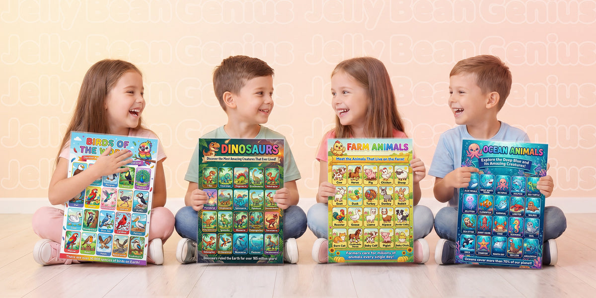Four children sitting on a floor, each holding up a Jelly Bean Genius animal poster: birds, dinosaurs, farm animals and ocean animals